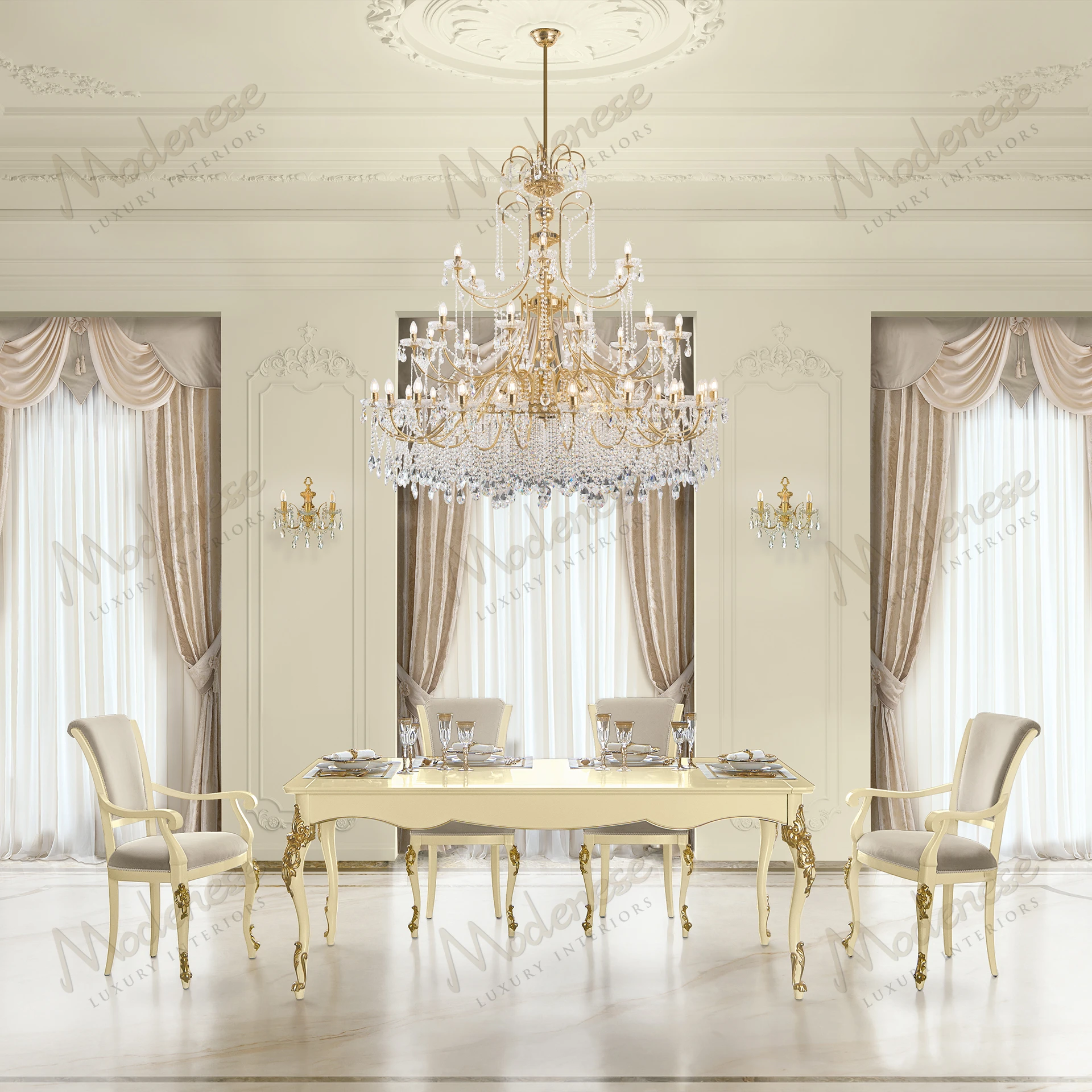 Essence Dining Table: Wooden structure, ivory lacquered finish, gold leaf accents, sleek design. Perfect for elegant dining spaces