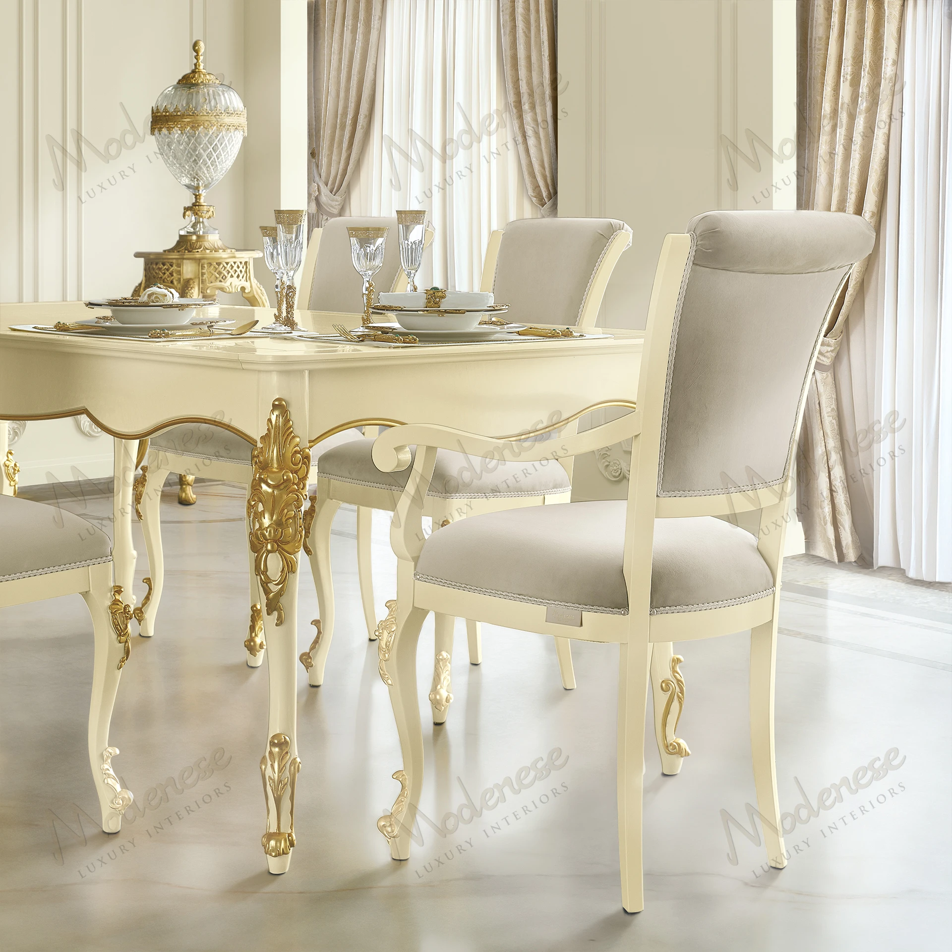 Essence Dining Table with ivory lacquered finish, gold leaf details; sleek, luxurious design without fabric