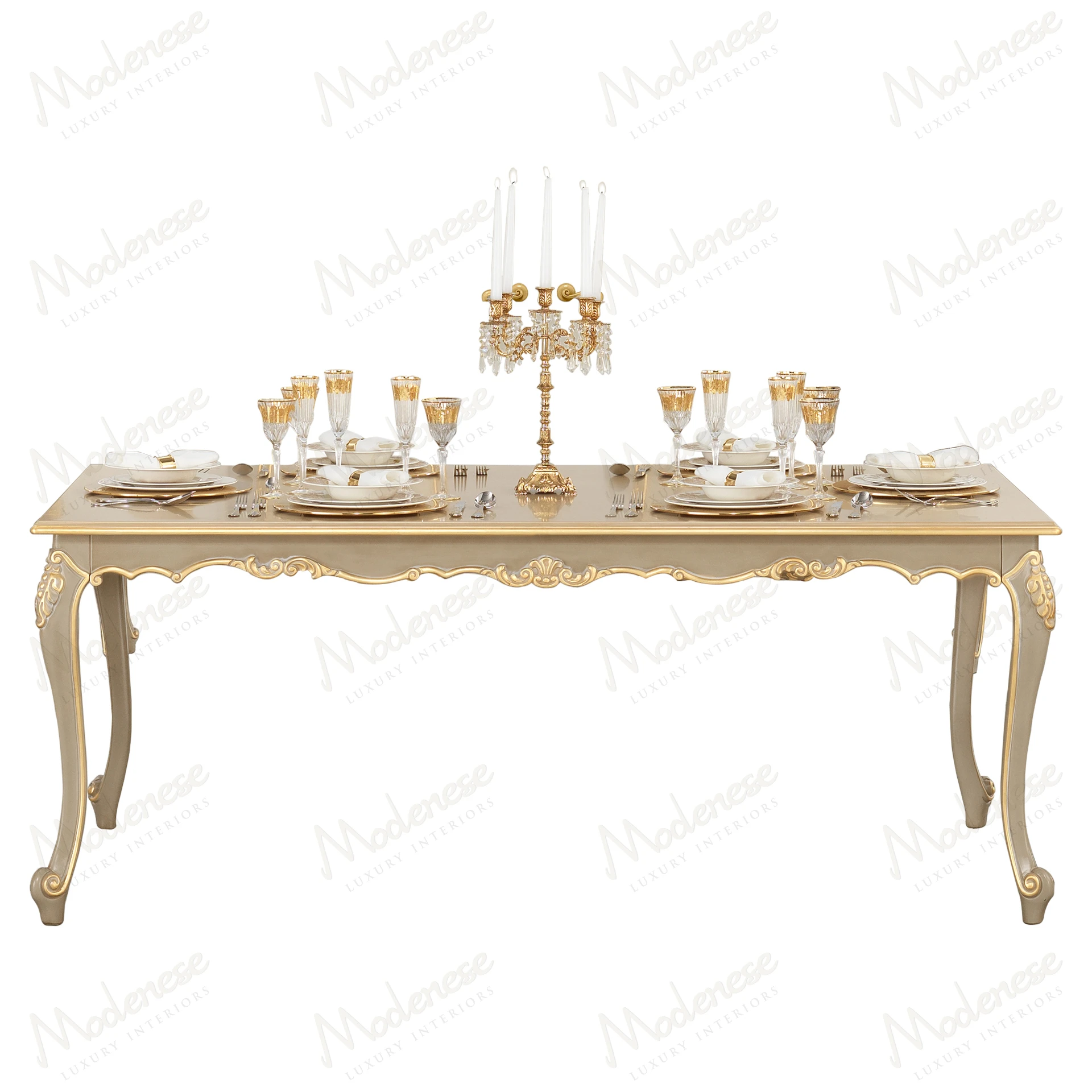 Elegant Harmony Dining Table with taupe lacquered finish and gold leaf details, showcasing a sophisticated, modern design
