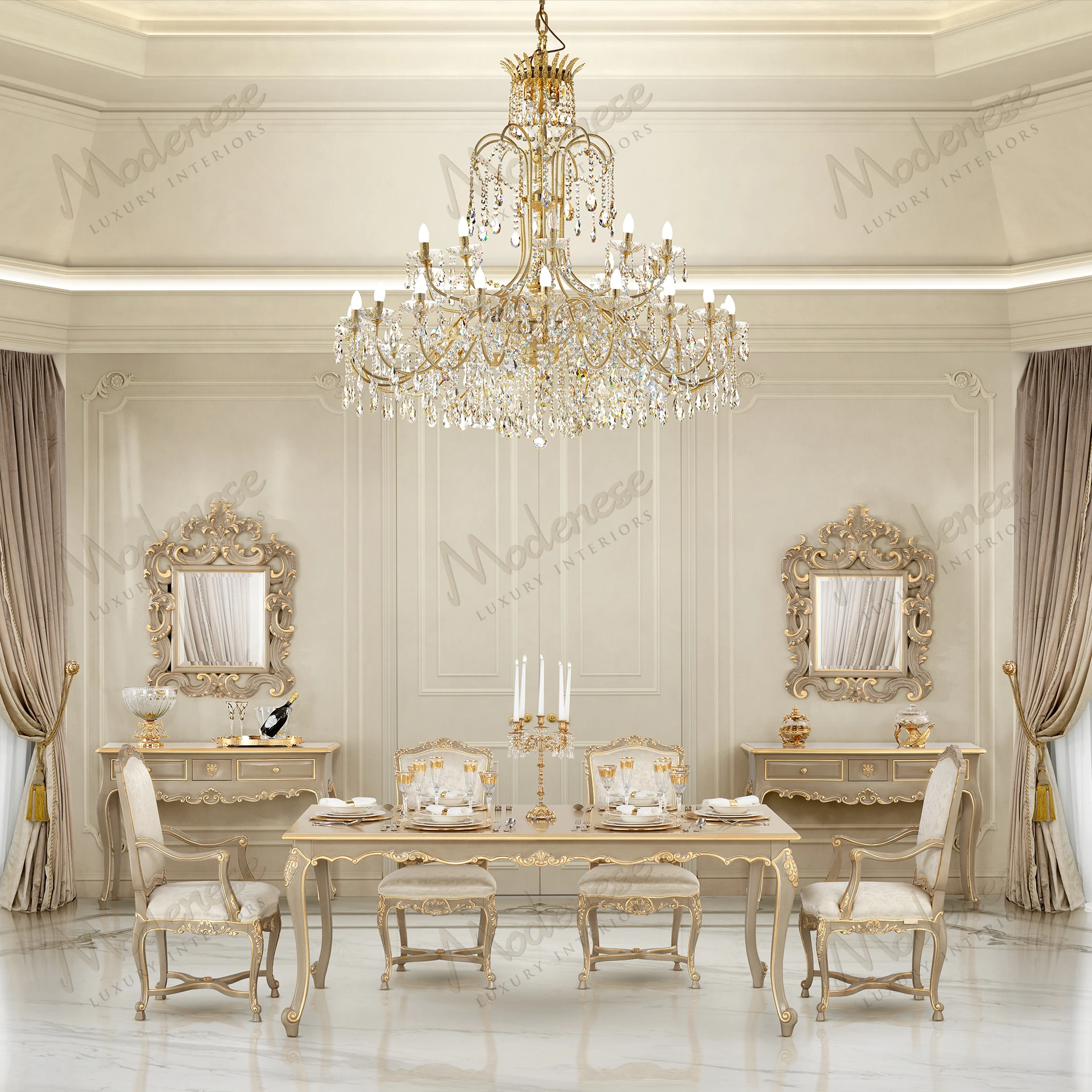 Harmony Dining Table: Wood structure, taupe lacquered finish, gold leaf details, and sleek design. Ideal for elegant, modern dining spaces