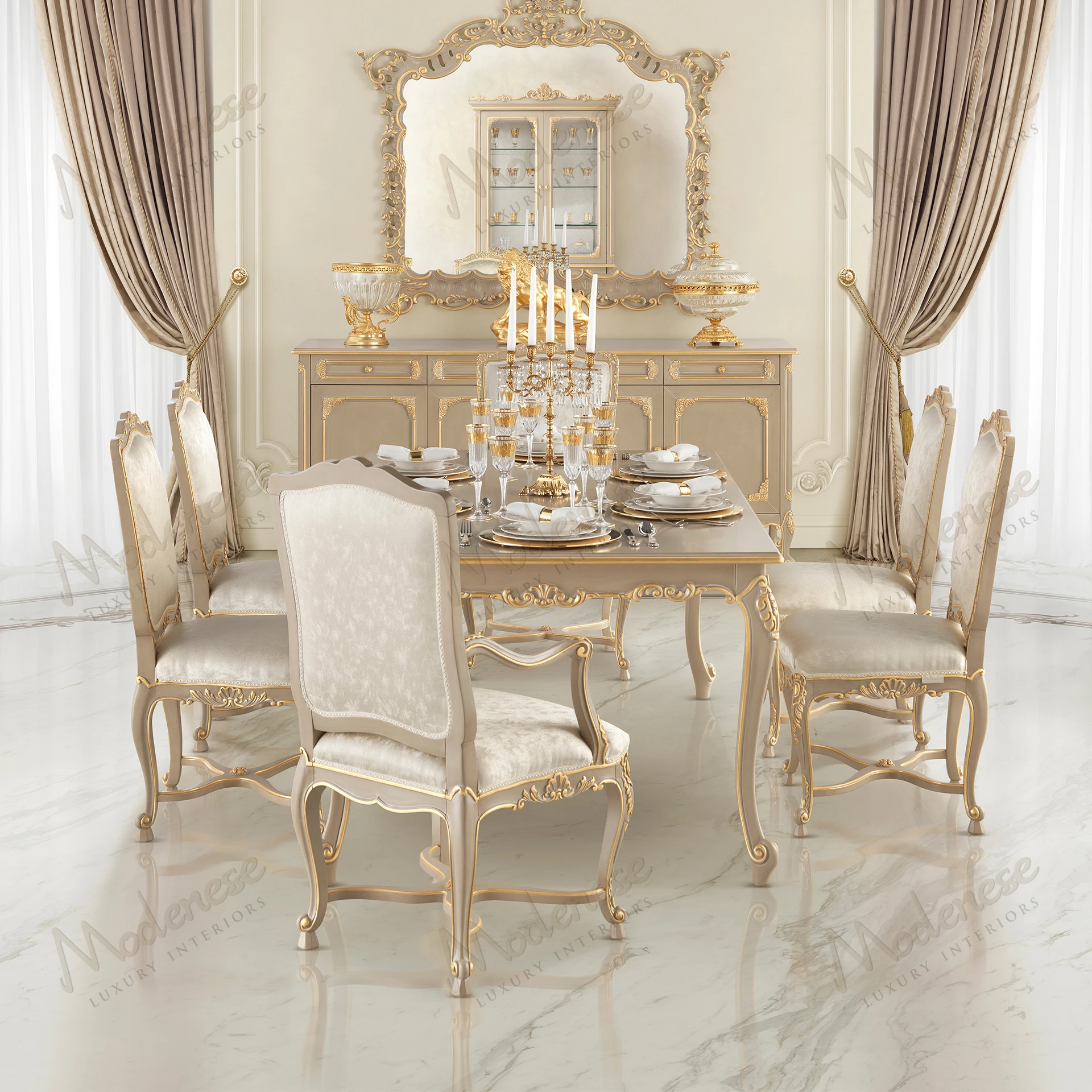 Harmony Dining Table: Taupe lacquered finish, gold leaf accents, artistic design, smooth surfaces, no fabric textures. Elegant and accessible style