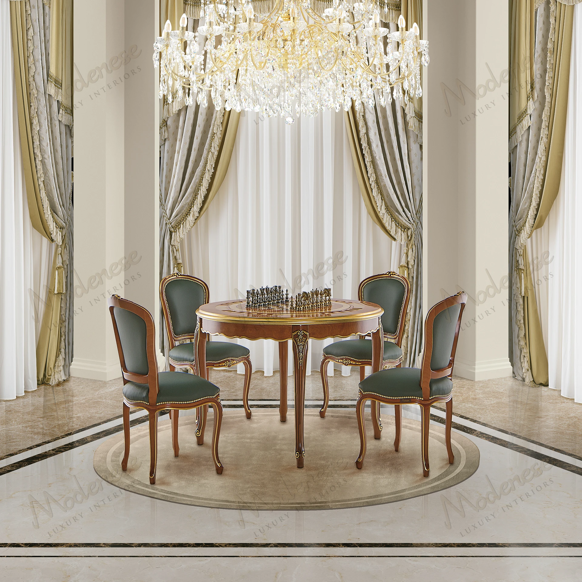 Elegant Royal Blend Leather Chair with wood frame, classic walnut finish, gold leaf accents, and sleek design. Perfect for a sophisticated setting