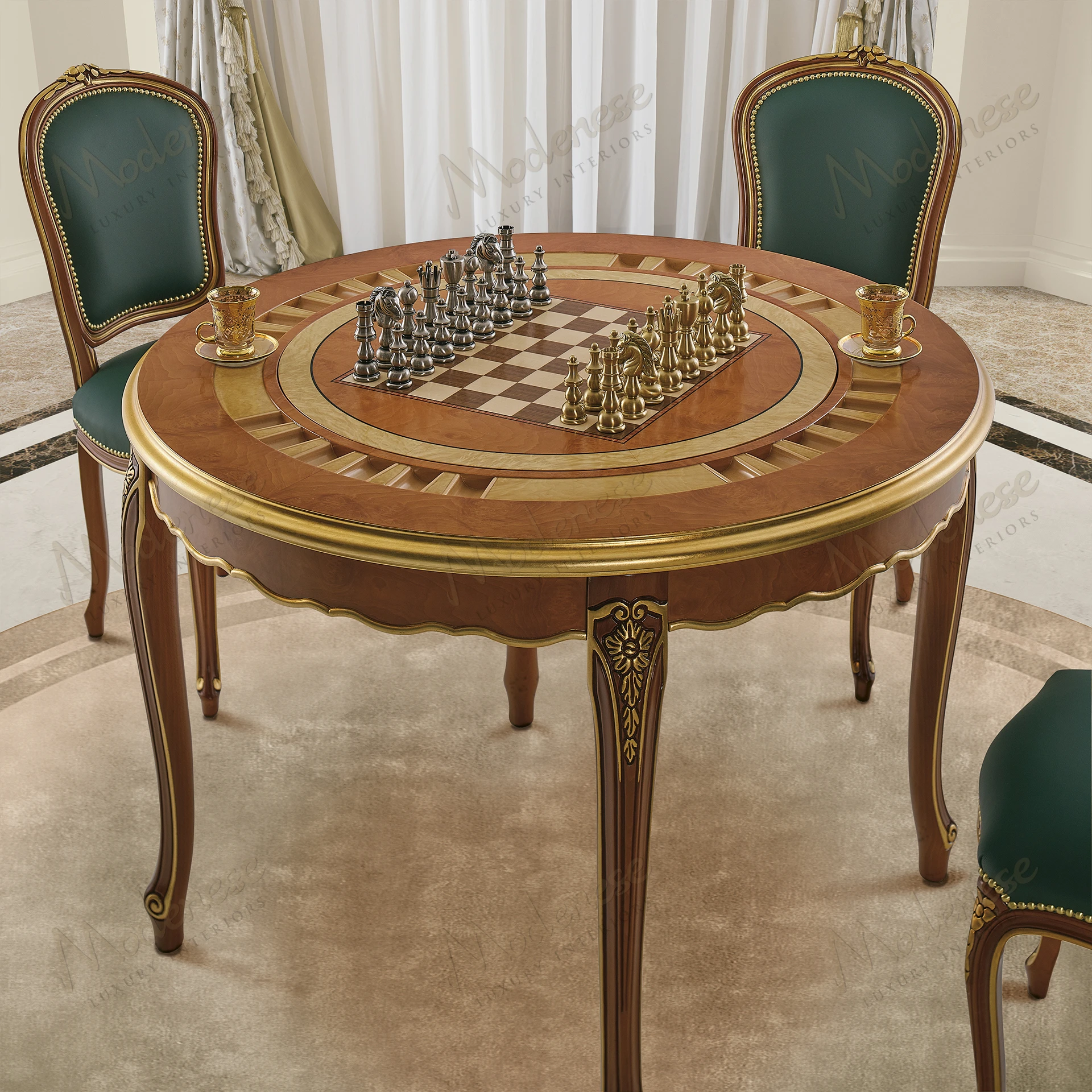 Elegant Royal Blend Leather Chair with green leather, classic walnut finish, gold leaf details; luxurious, sophisticated design offering comfort and style