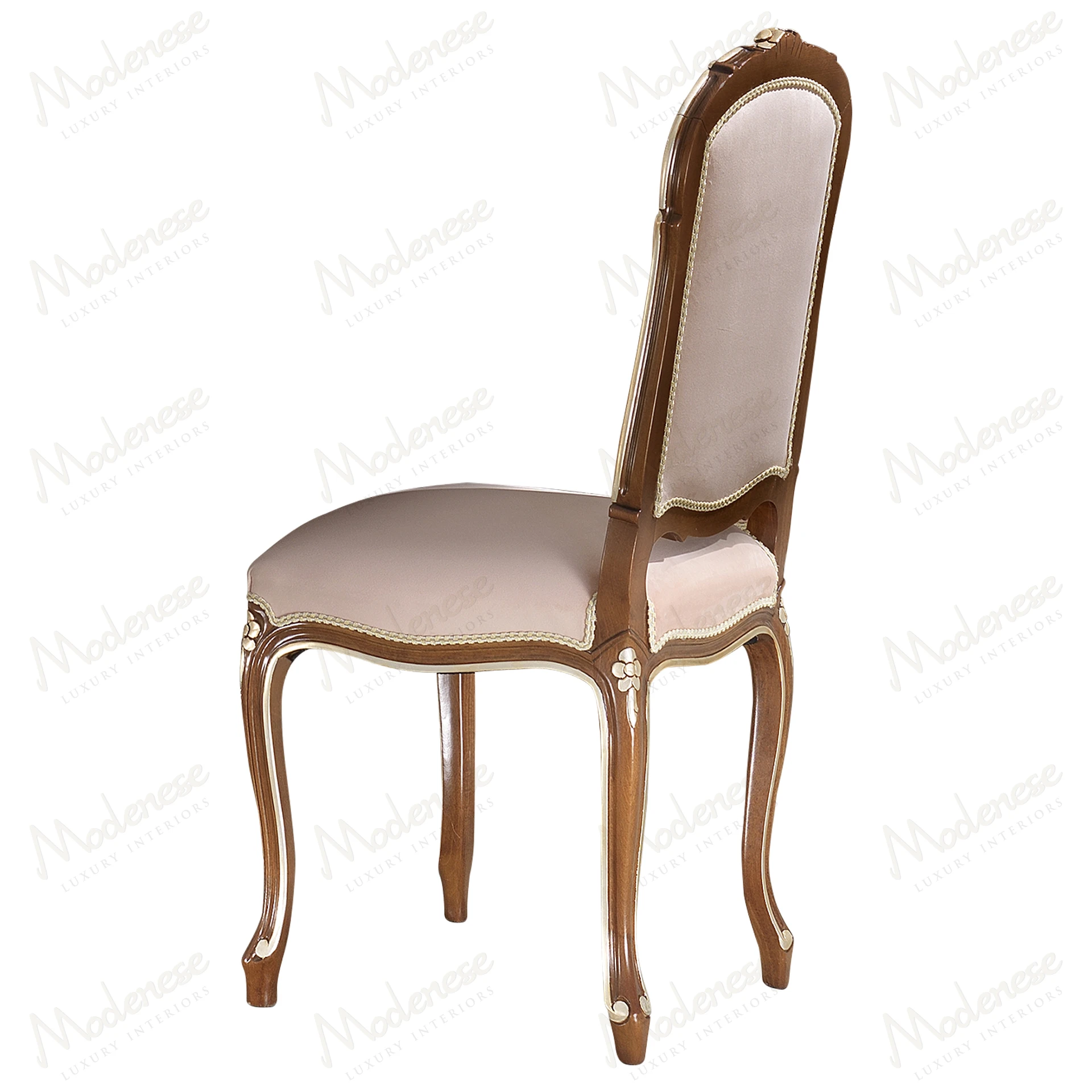 Elegant Noble Etiquette Chair with classic walnut finish, silver leaf accents, and intricate detailing. Ideal for refined interiors