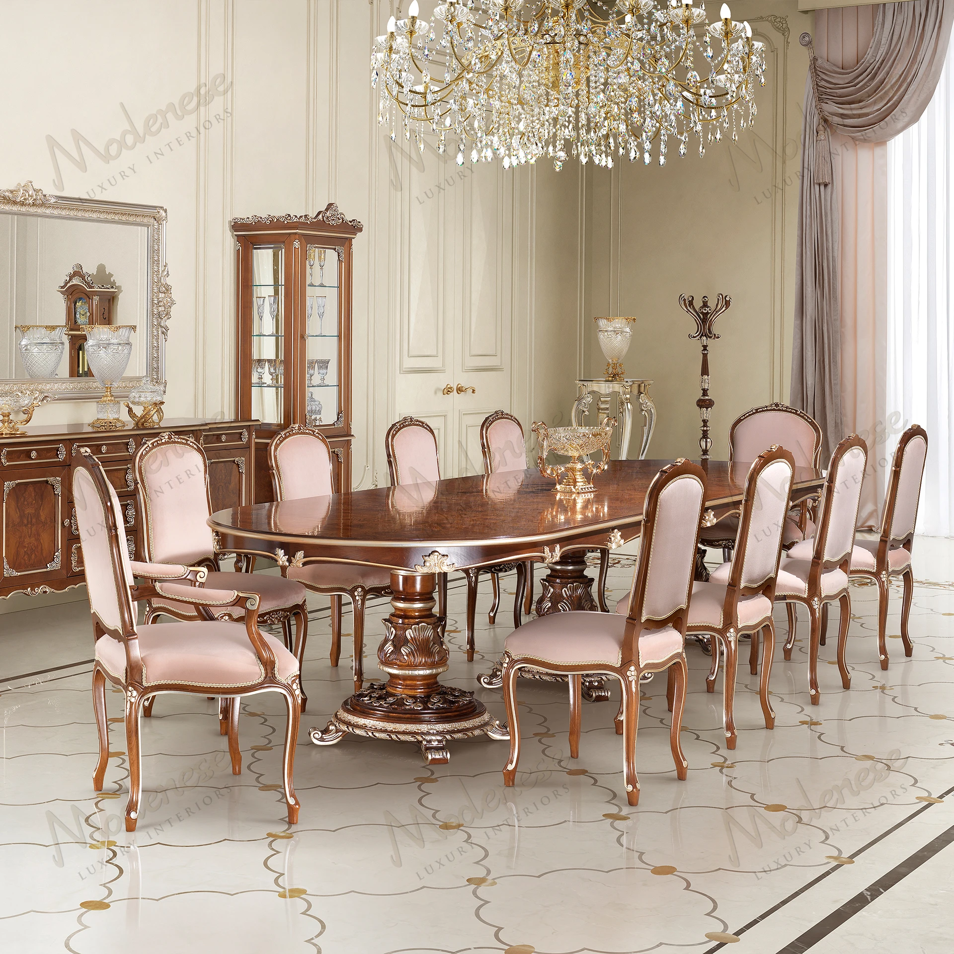 Elegant Noble Etiquette Chair with wooden frame, fabric upholstery, classic walnut finish, silver leaf accents; combines sleek design with timeless charm