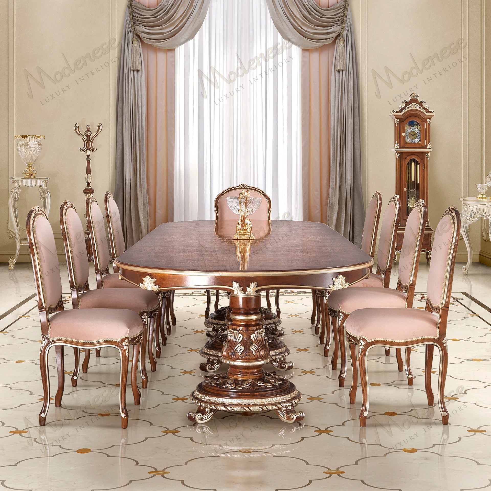 Elegant Noble Etiquette Chair with classic walnut finish, silver leaf accents, and light pink velvet upholstery, offering a luxurious and sophisticated look