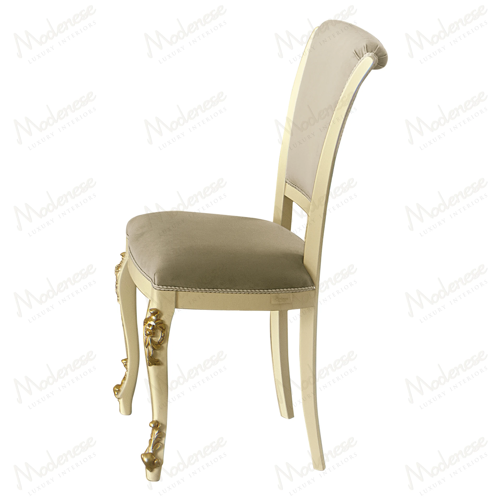 Elegant Essence Chair with white lacquered finish and gold leaf details, showcasing a refined style. Perfect for sophisticated interiors