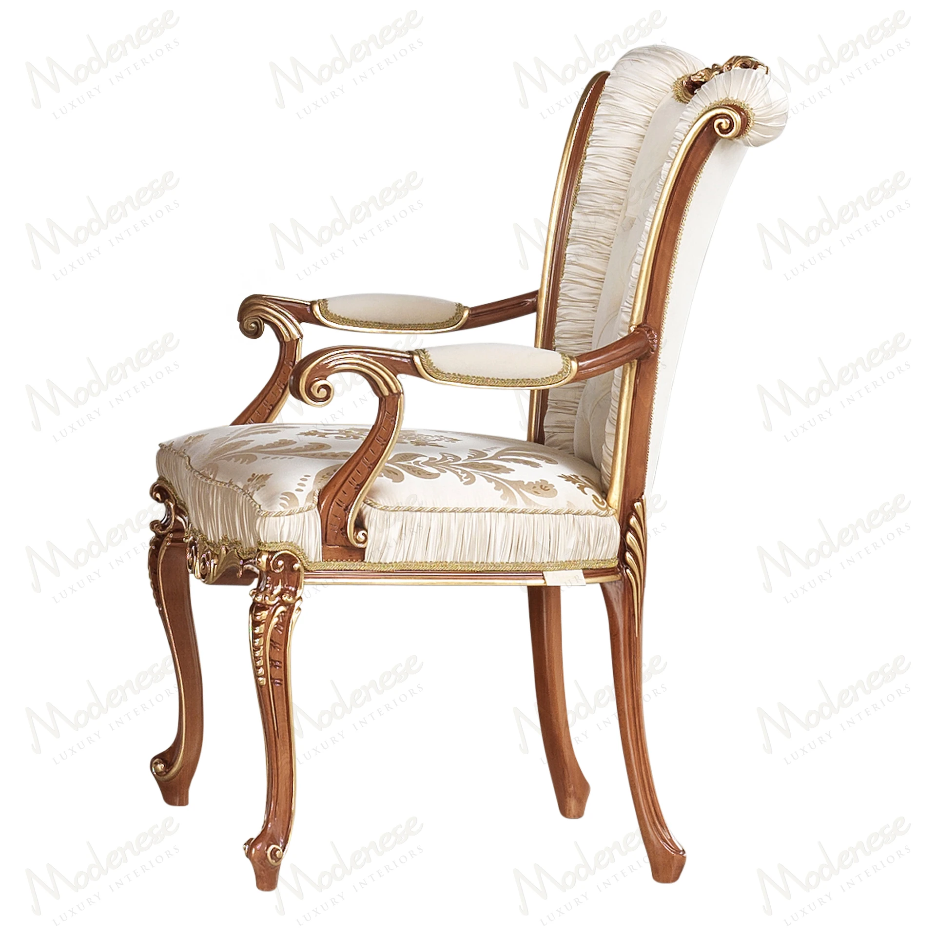 Elegant Royal Blend Chair with armrests, classic walnut finish, gold leaf details, in sophisticated style, suitable for refined interior spaces