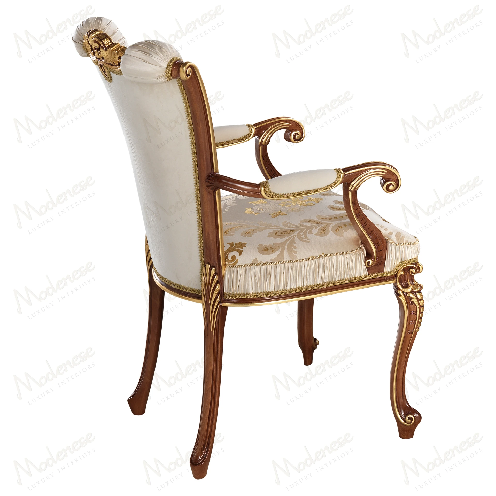 Cream upholstered Royal Blend Chair with armrests, featuring capitonné buttons, cream pleated fabric, and cream-gold damask seat, offering a cozy texture