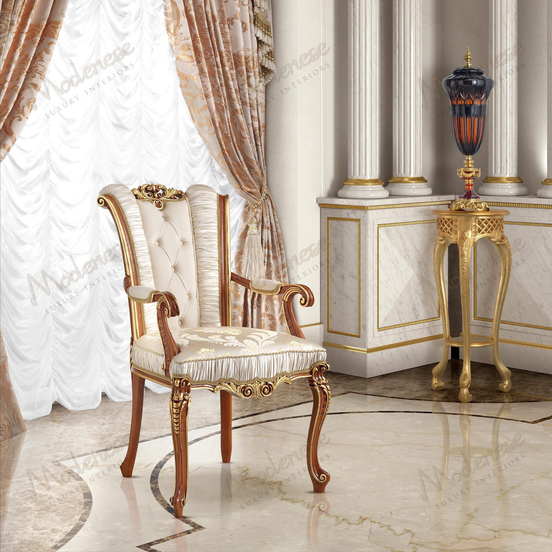 Elegant Royal Blend Chair with armrests, wood structure, fabric upholstery, classic walnut finish, gold leaf accents, sleek design. Perfect for sophisticated interiors