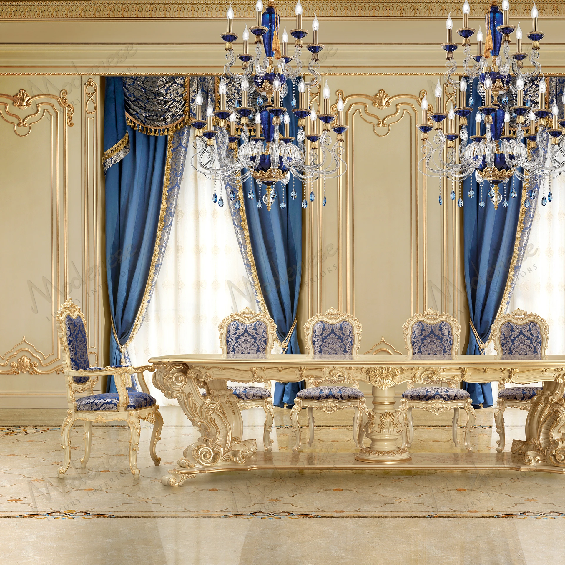 Elegant Baroque Incanto Chair with armrests, upholstered in luxurious blue damask fabric, featuring a cozy texture for enhanced comfort and style