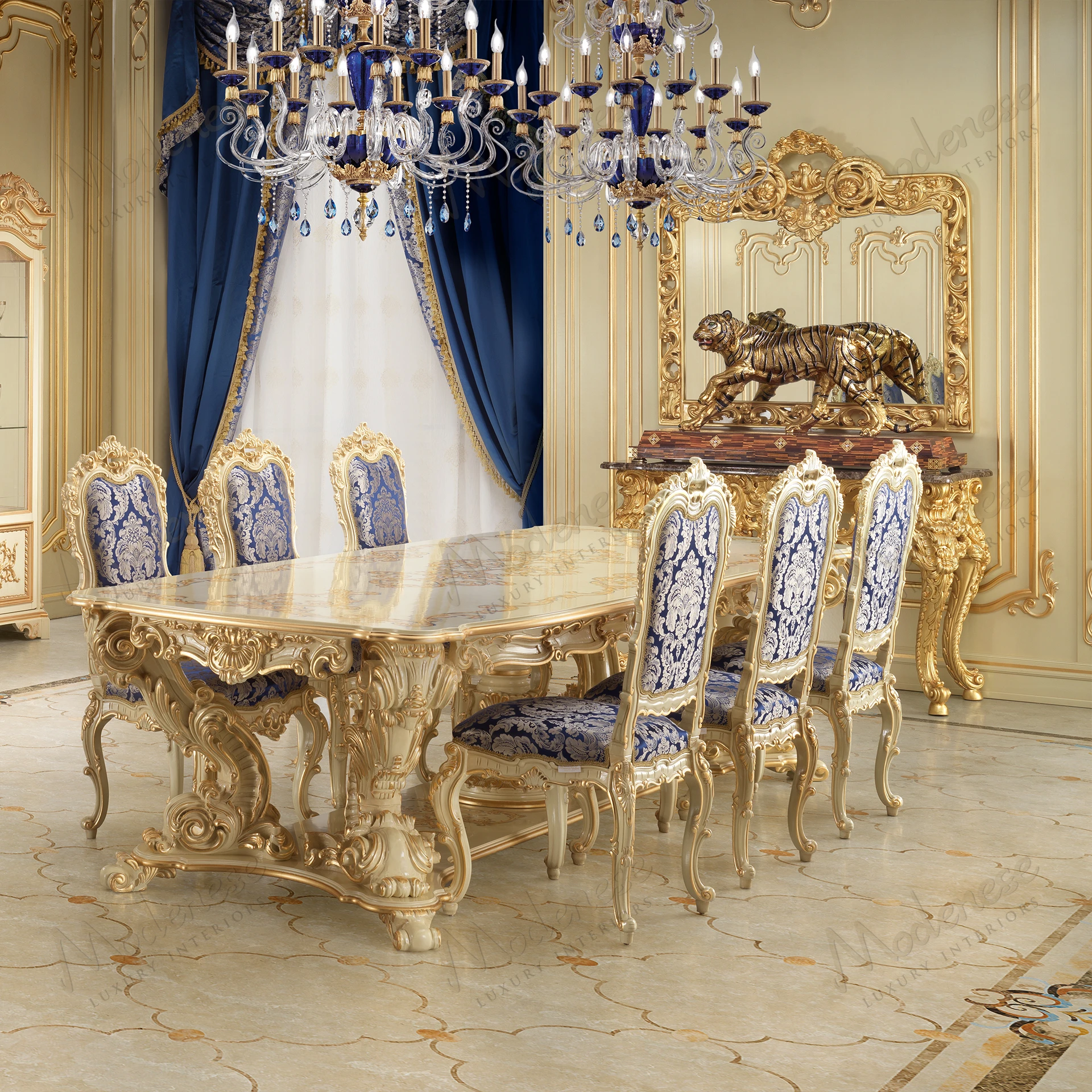 Baroque Incanto Chair: Wood structure, fabric upholstery, ivory lacquer finish, gold leaf accents, armrests, elegant design. Ideal for a sophisticated, stylish setting