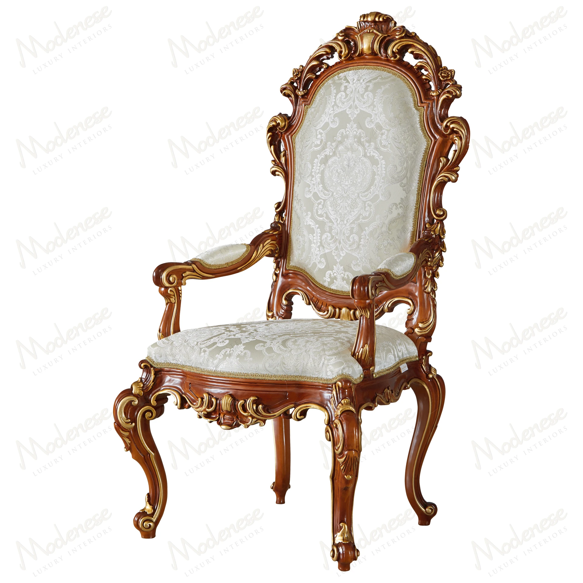 Elegant Carved Symmetry Chair with armrests, classic walnut finish, gold leaf details, showcasing intricate design and luxurious style
