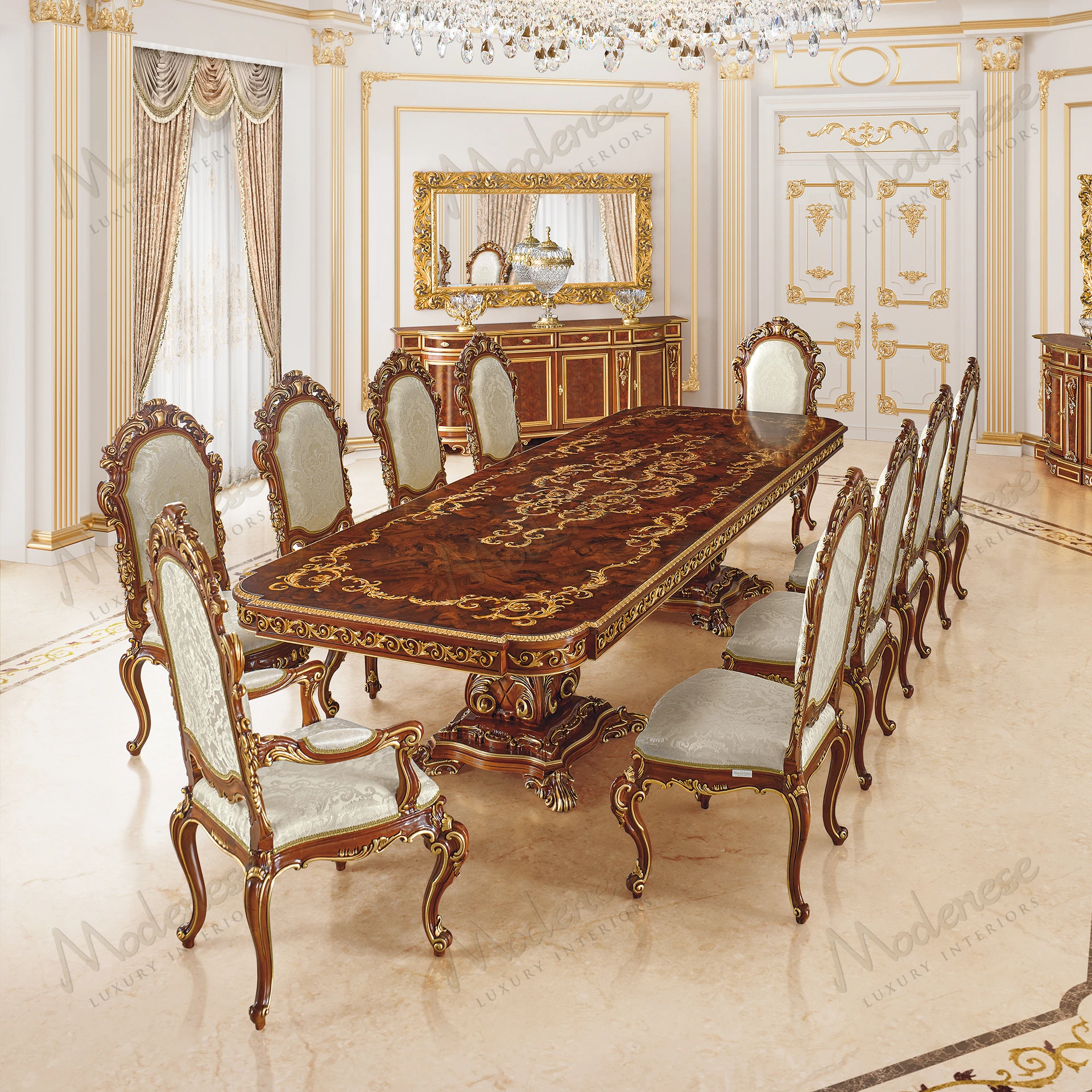 Ornately carved wooden chair with armrests, upholstered in ivory-patterned damask fabric, featuring a cozy texture, offers elegant and comfortable seating