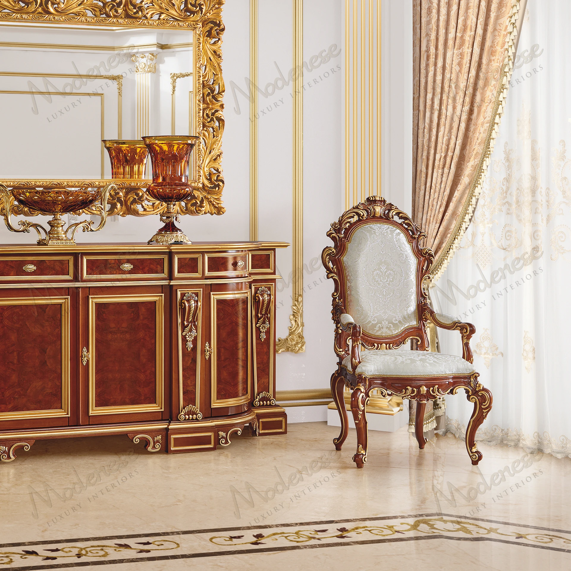 A wooden chair with armrests, featuring a classic walnut finish, gold leaf details, and a sleek, symmetrical design upholstered in fabric