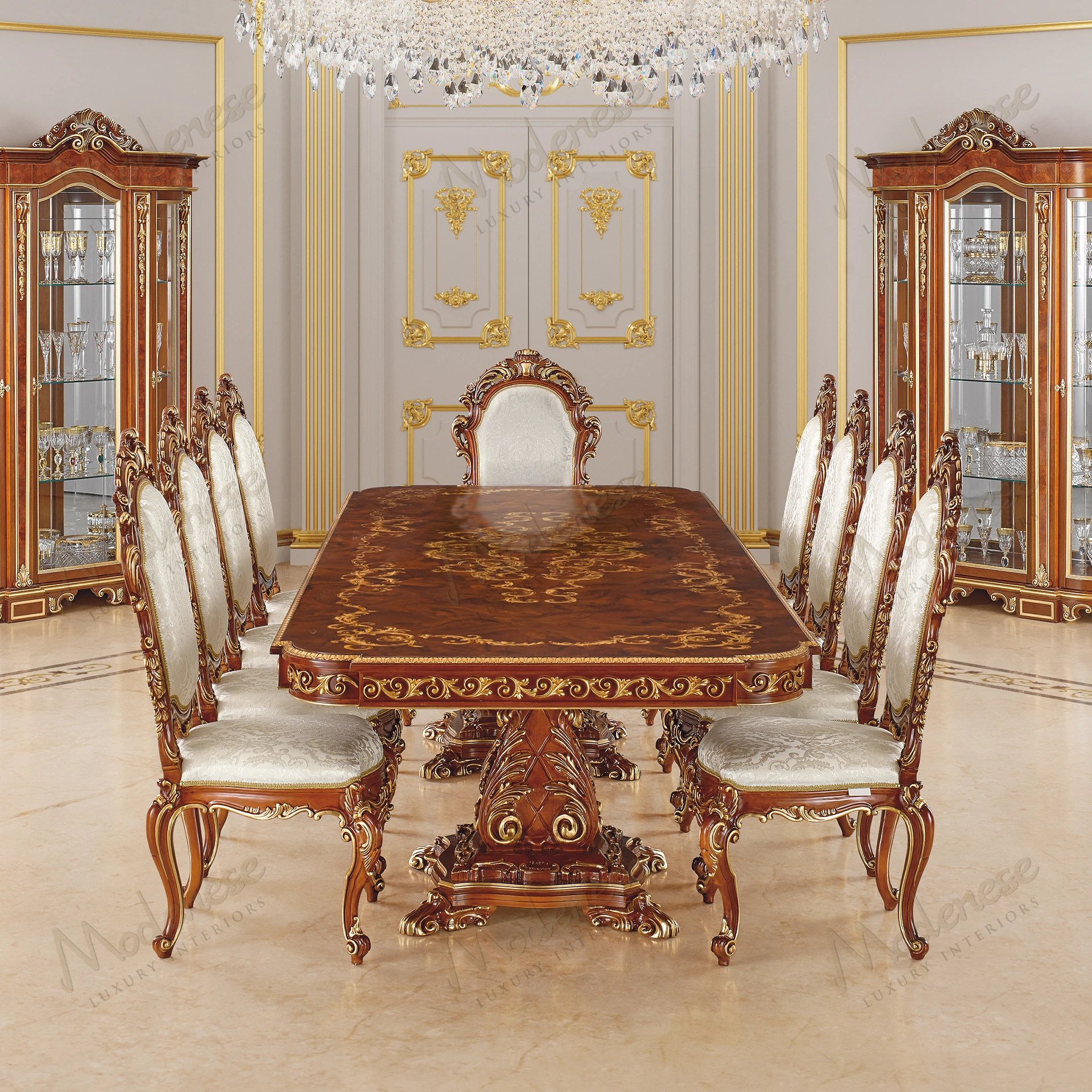 Elegant Carved Symmetry Chair with armrests, classic walnut finish, gold leaf details, ivory damask fabric. Luxurious, timeless design for refined interiors