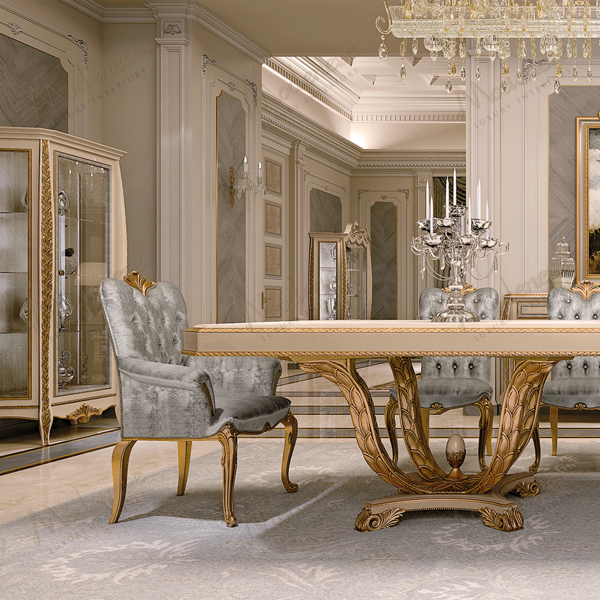 Elegant Embrace Chair with armrests, finished in full antiqued gold leaf. Luxurious design with classic style. Suitable for sophisticated interiors