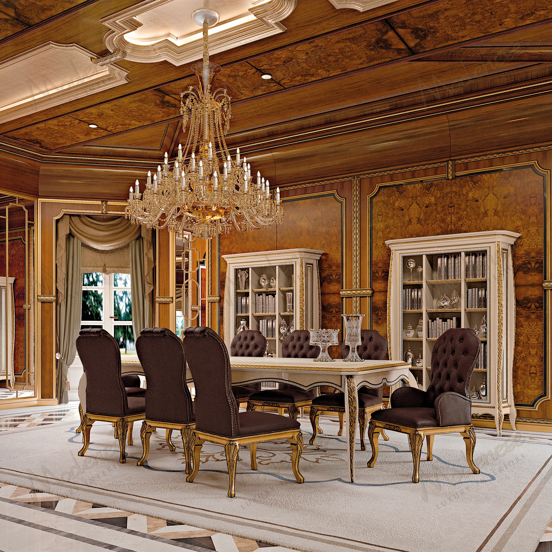 Elegant Heritage Harmony Chair with armrests, featuring a full antiqued gold leaf finish, showcasing classic design elements and luxurious style