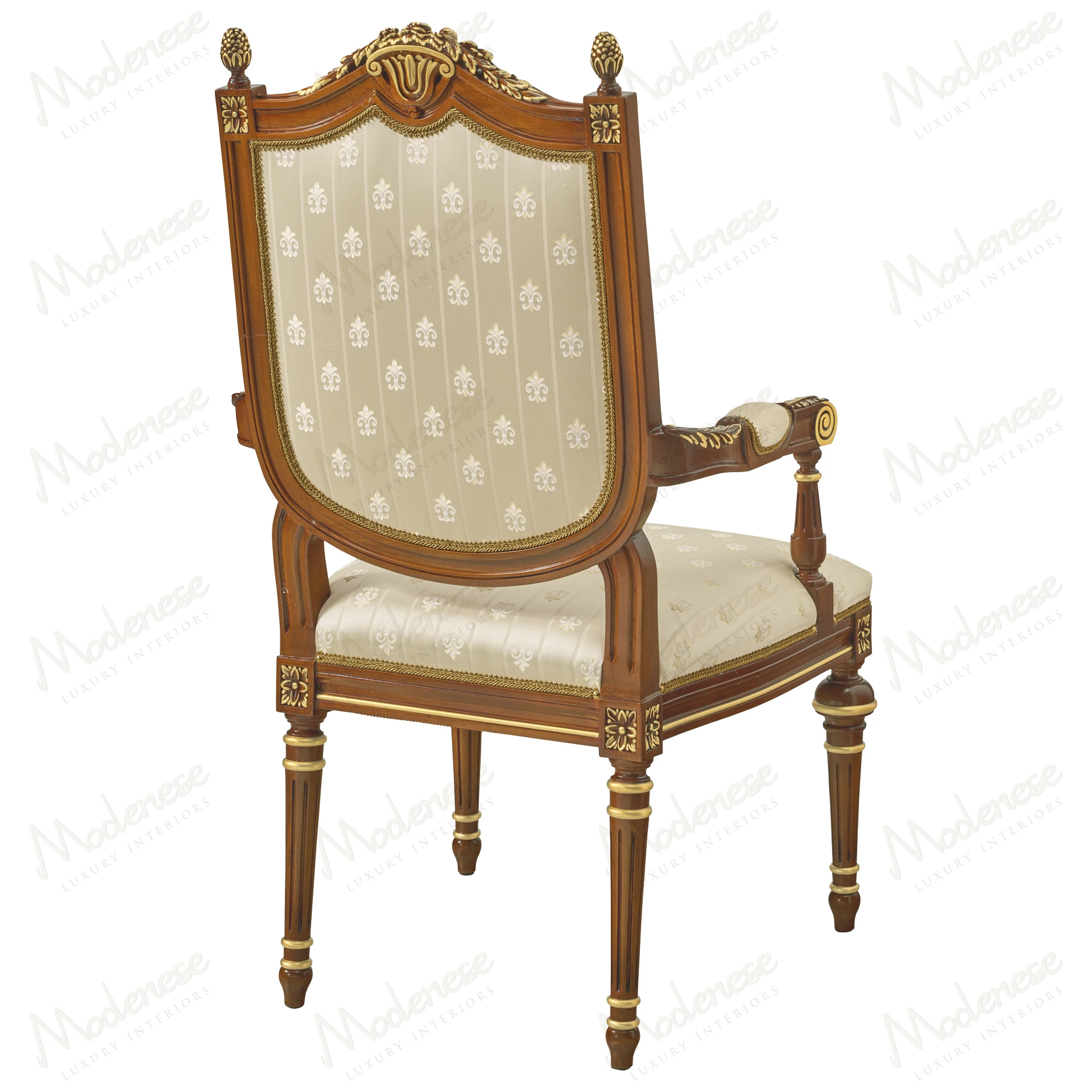 Elite chair with armrests, classic walnut finish, gold leaf details, elegant design, suitable for refined interiors