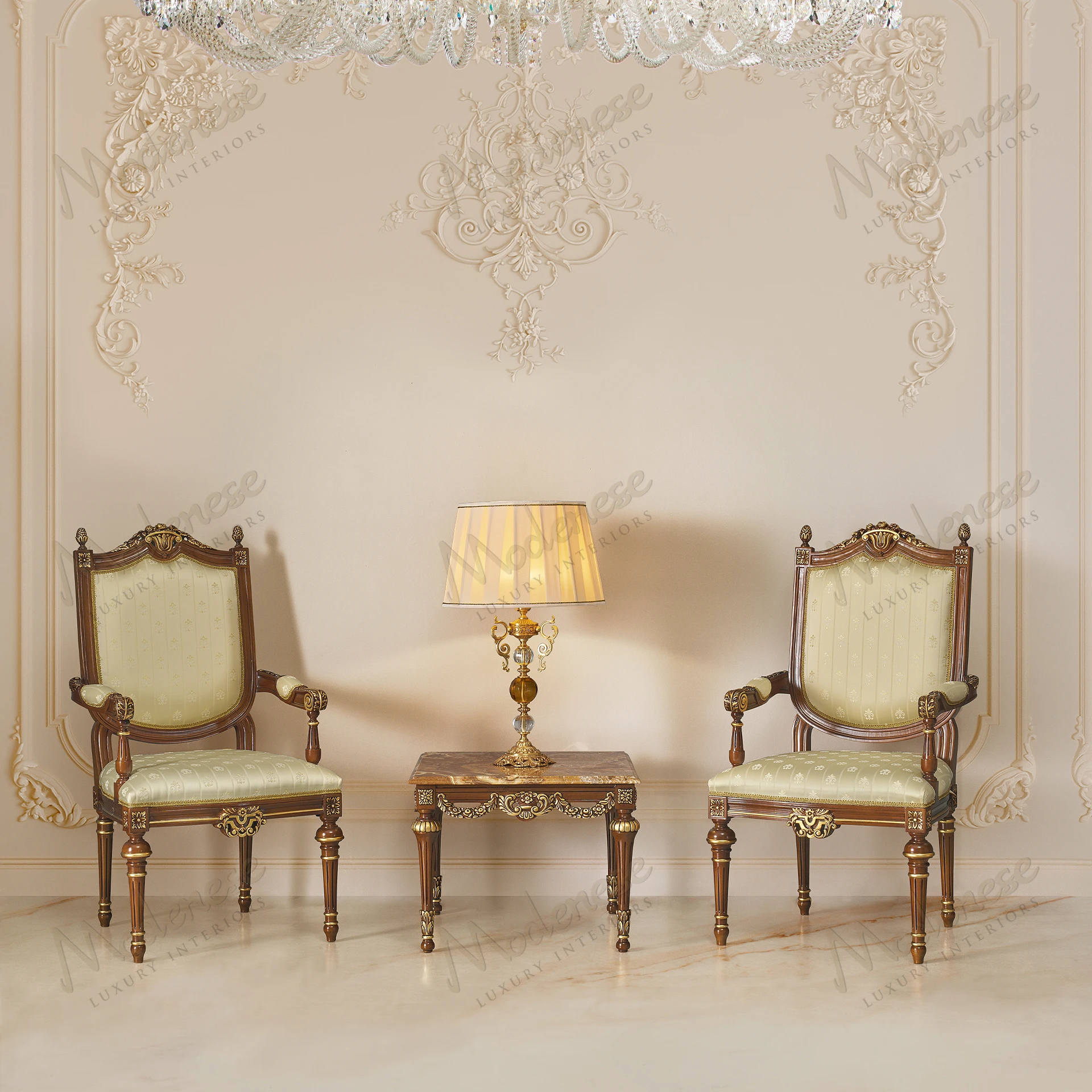 Elite Chair with armrests in classic walnut finish, gold leaf details, ivory damask fabric. Luxurious, elegant design. Suitable for sophisticated interiors