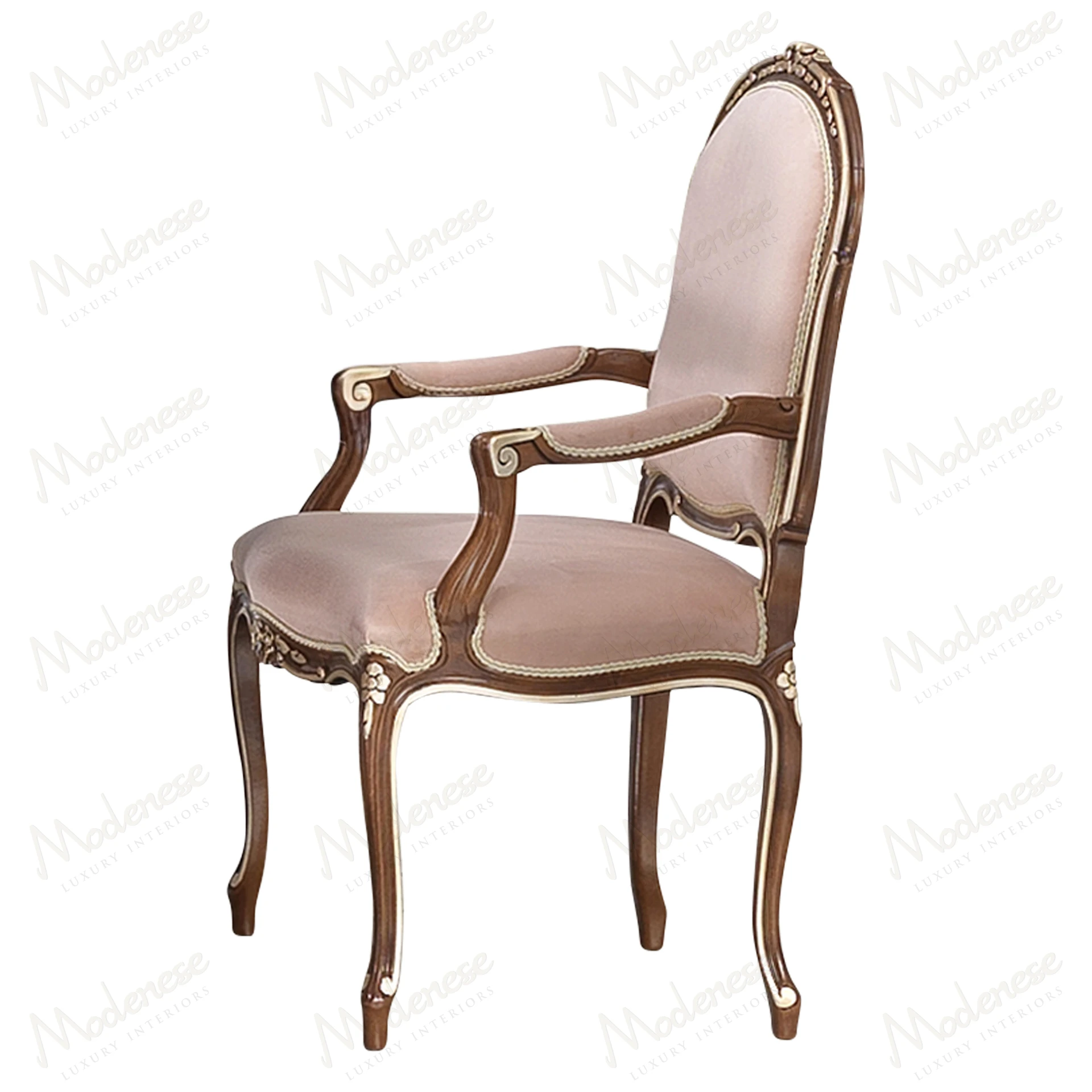 Elegant Noble Etiquette Chair with armrests, featuring a classic walnut finish and silver leaf details, embodying a sophisticated style