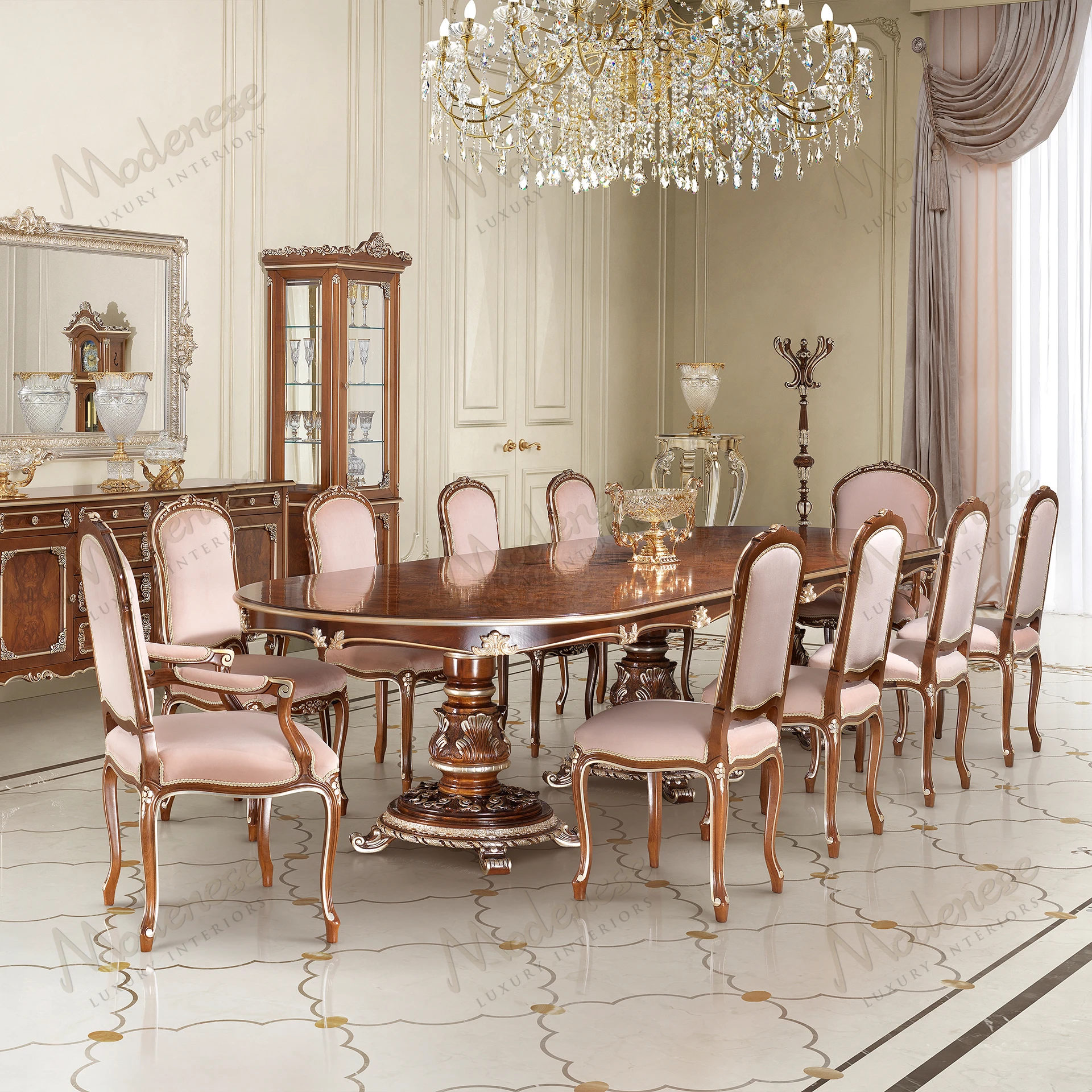 Elegant Noble Etiquette Chair with armrests, wooden frame, classic walnut finish, silver leaf accents, and sleek design, upholstered in fabric