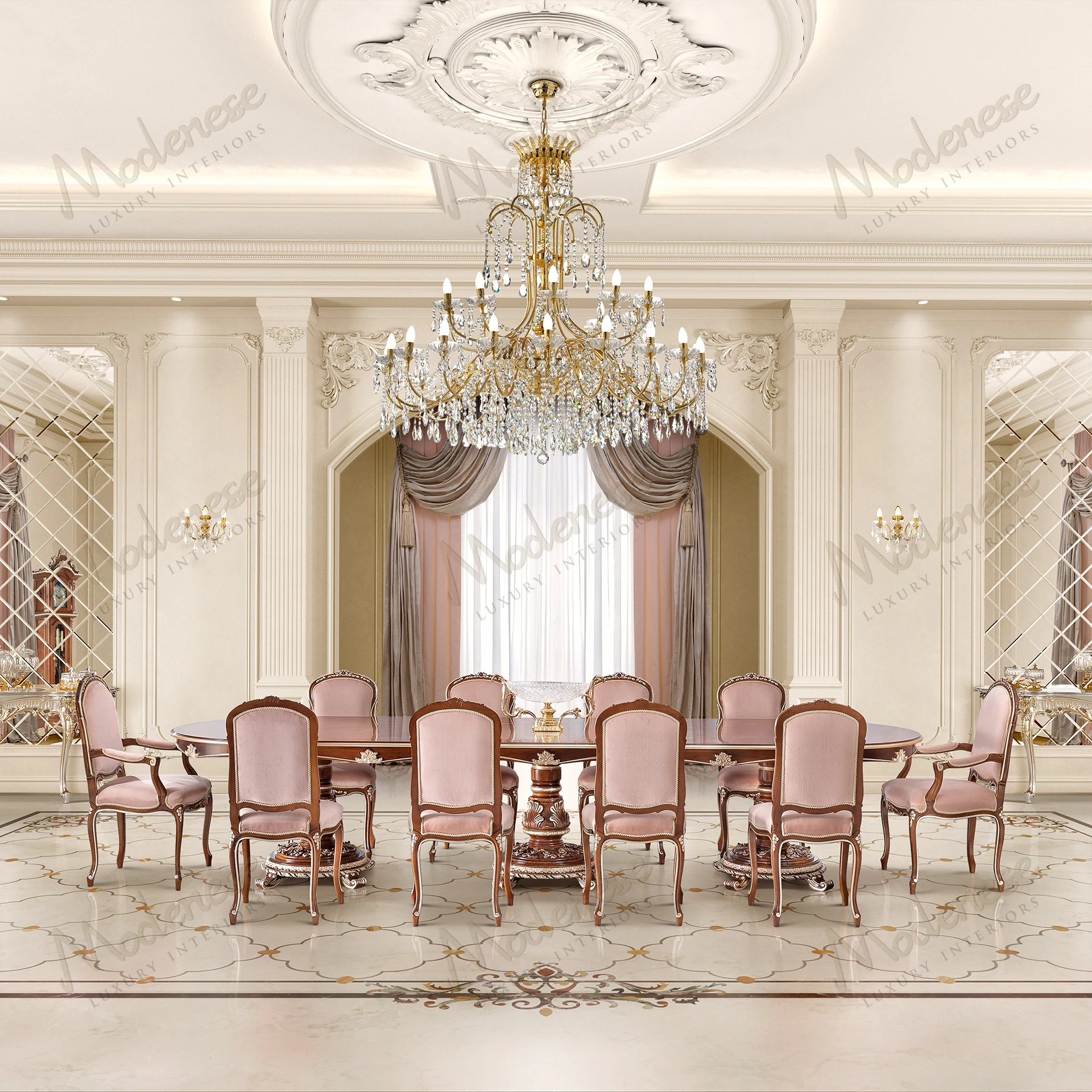 Elegant Noble Etiquette Chair with armrests, classic walnut finish, silver leaf details, and light pink fabric, exuding a luxurious and refined style