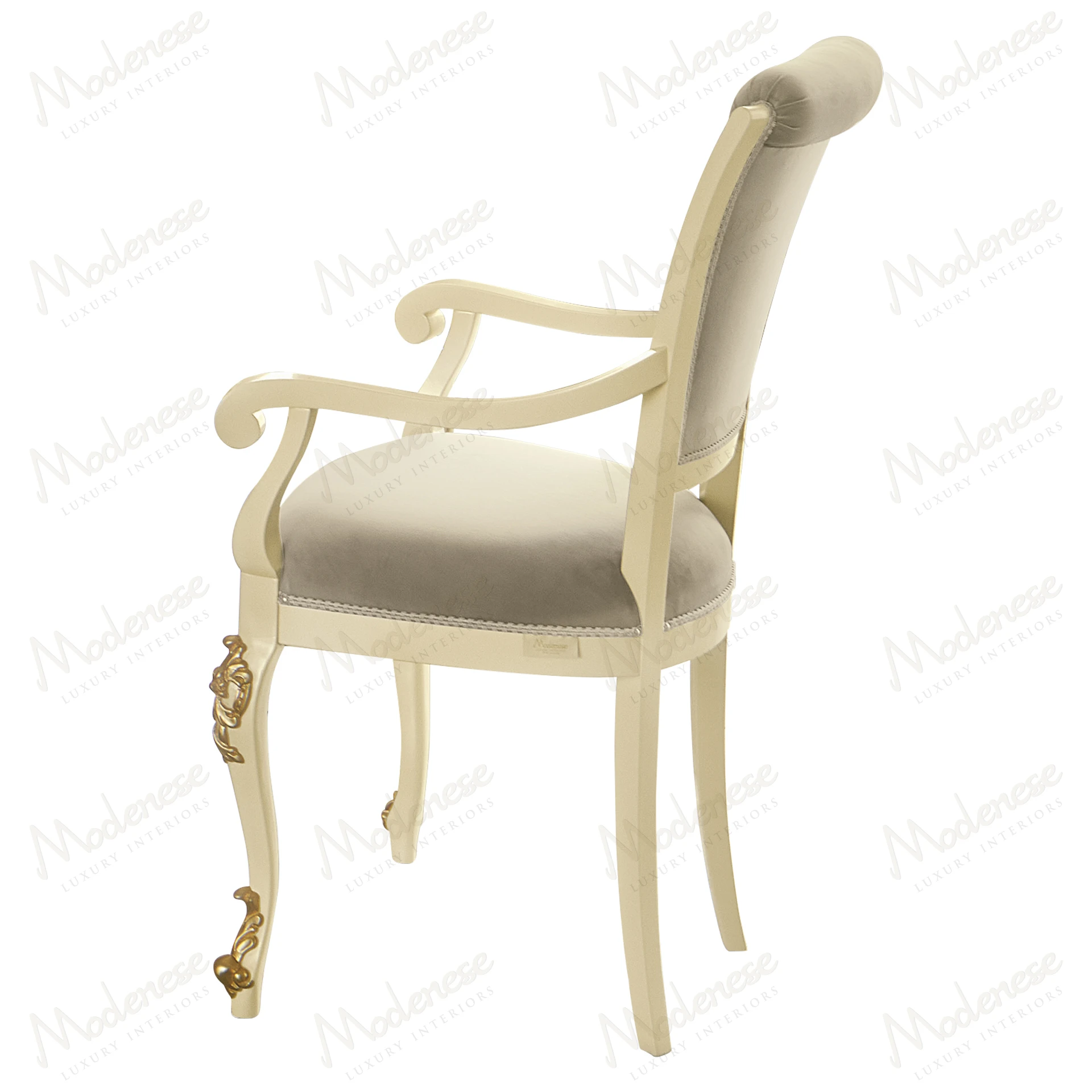 Essence Chair with Armrests: White lacquered finish, gold leaf details, elegant style. Classic design combines luxury and sophistication. Suitable for refined interiors