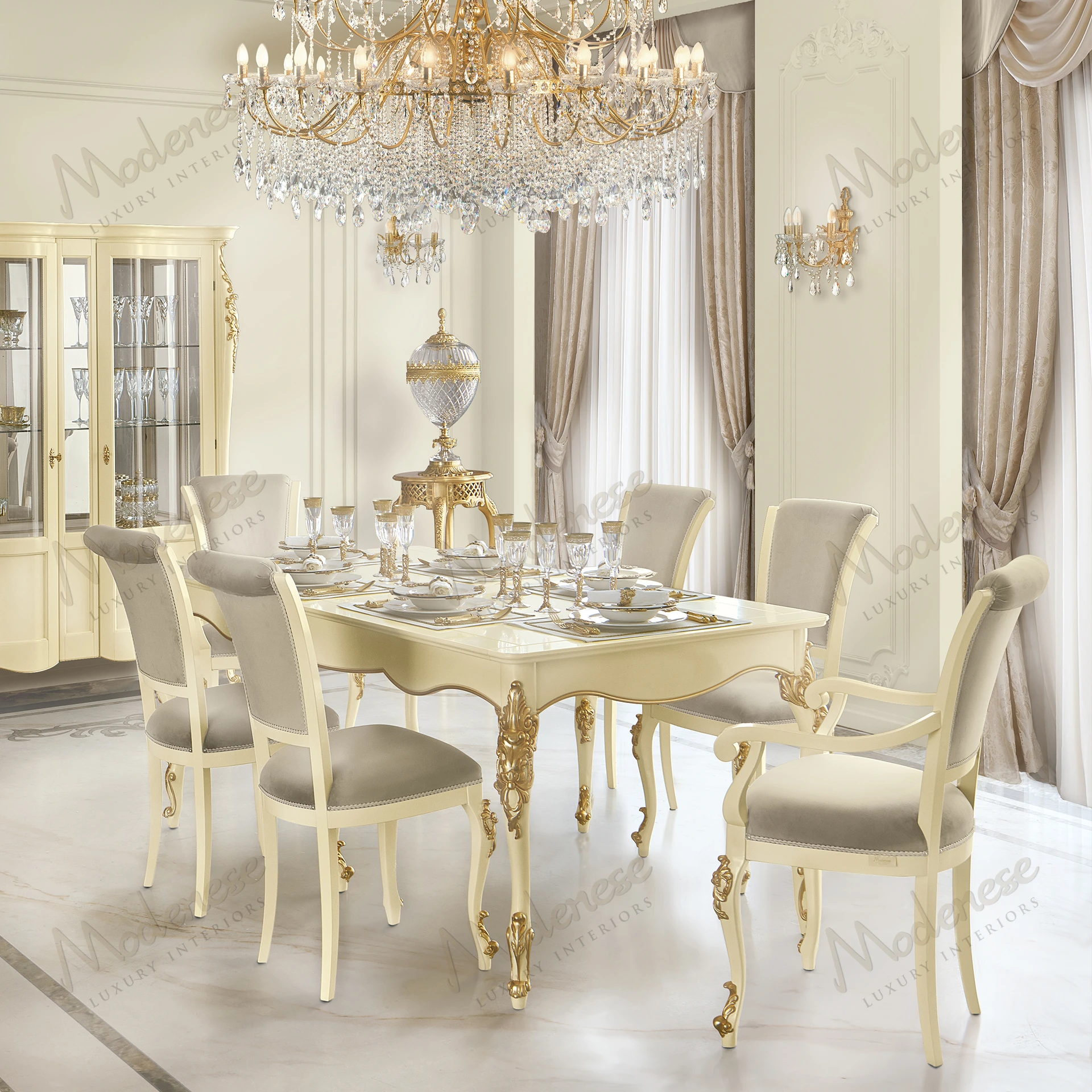 Essence Chair: Wood structure, fabric upholstery, white lacquered finish, gold leaf details, armrests; sleek design. Ideal for modern, elegant spaces