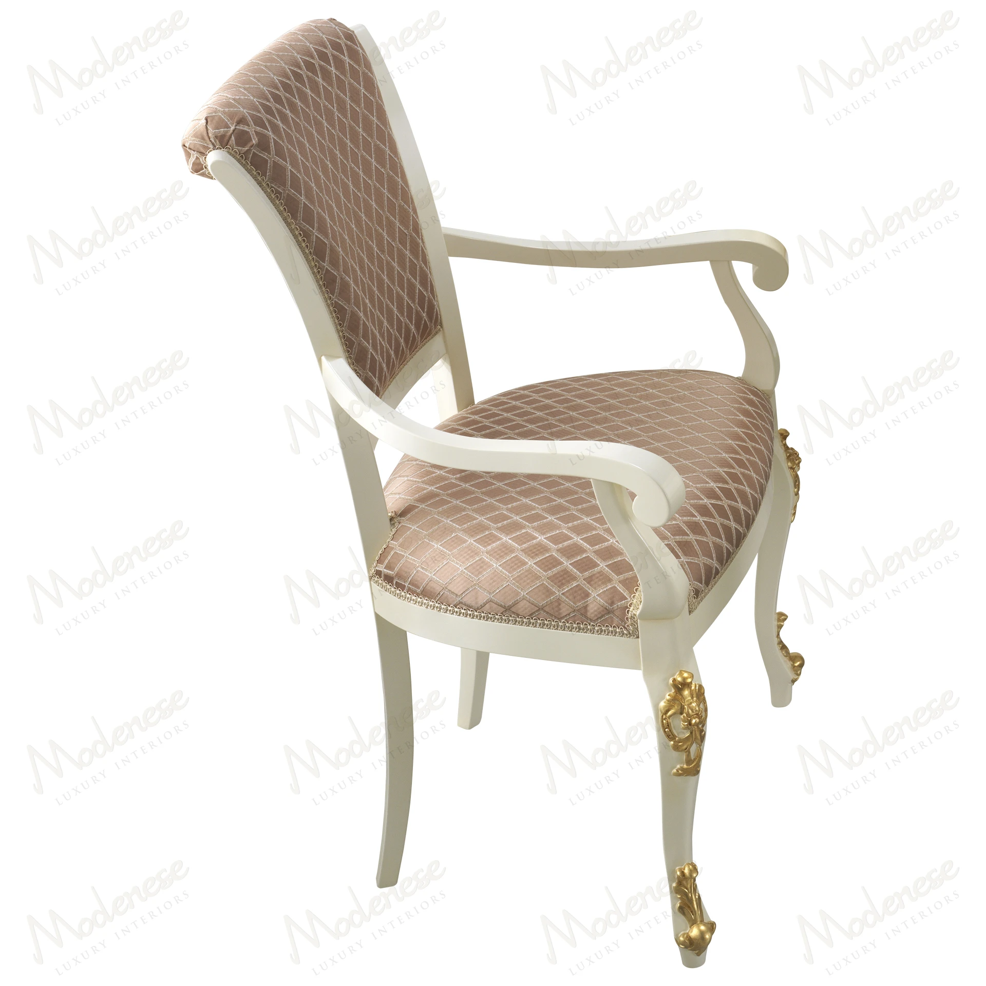 Elegant Essence Chair with armrests, white lacquered finish, gold leaf details, and luxurious velvet upholstery options in grey or pink