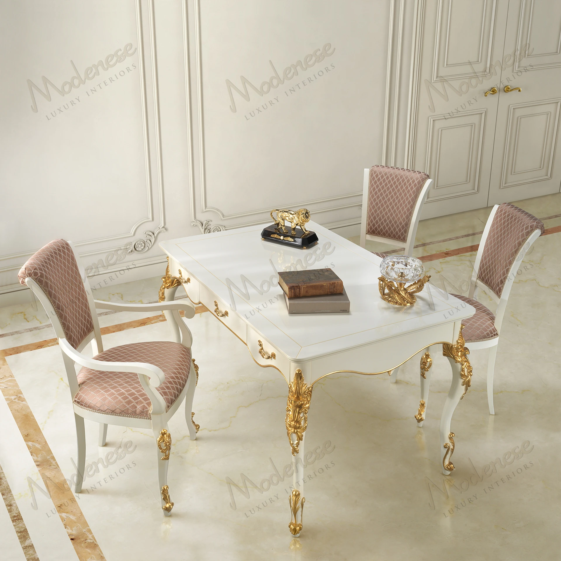 Luxurious white lacquered Essence Chair featuring plush pink fabric