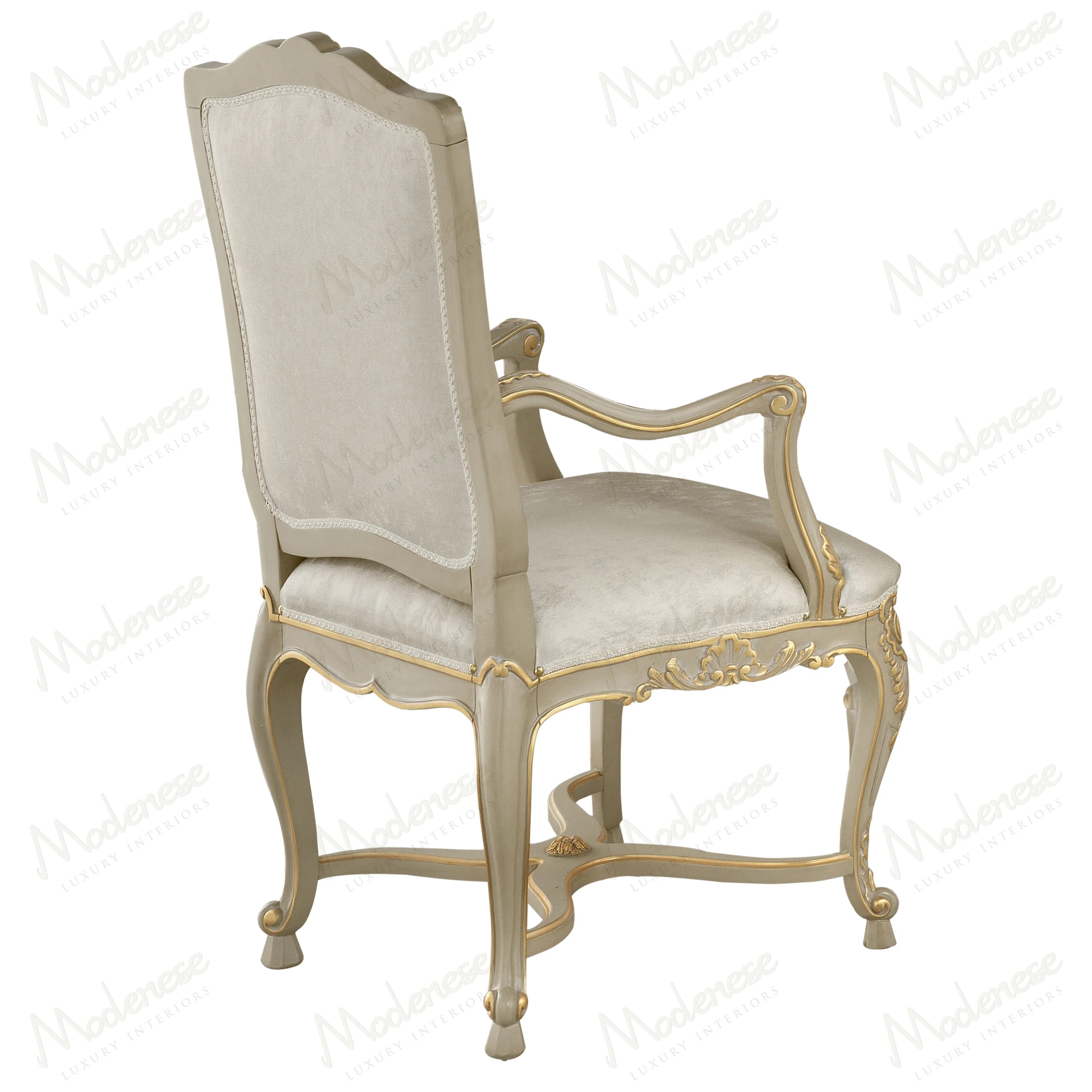 Elegant Harmony Chair with Armrests featuring a taupe lacquered finish and gold leaf details, showcasing a refined and sophisticated design