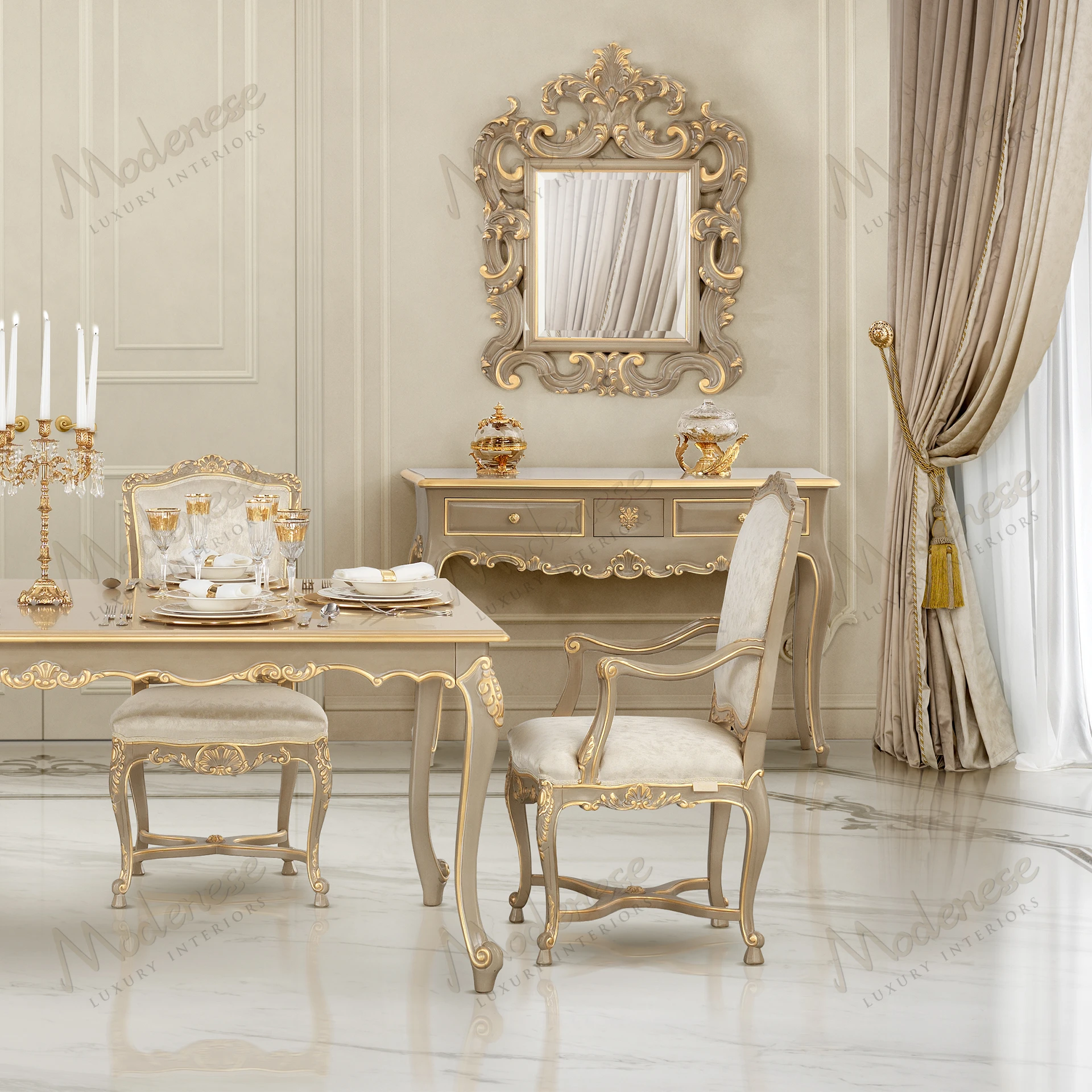 Harmony Chair with armrests, wood structure, taupe lacquered finish, gold leaf details, sleek aesthetic, upholstered fabric, modern design