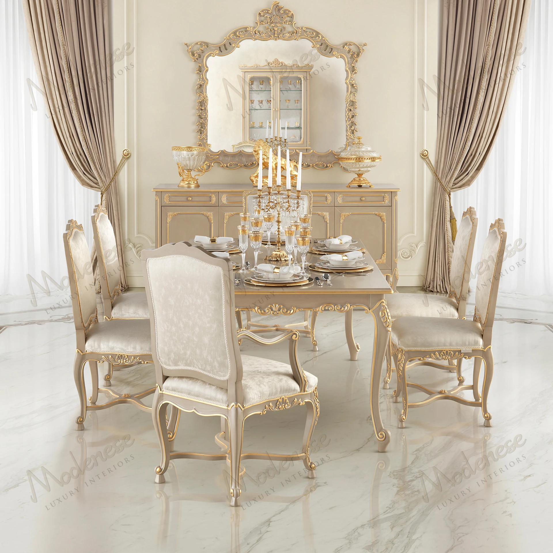 Elegant Harmony Chair with armrests, taupe lacquered finish, gold leaf accents, and light grey fabric, exuding a luxurious and sophisticated feel