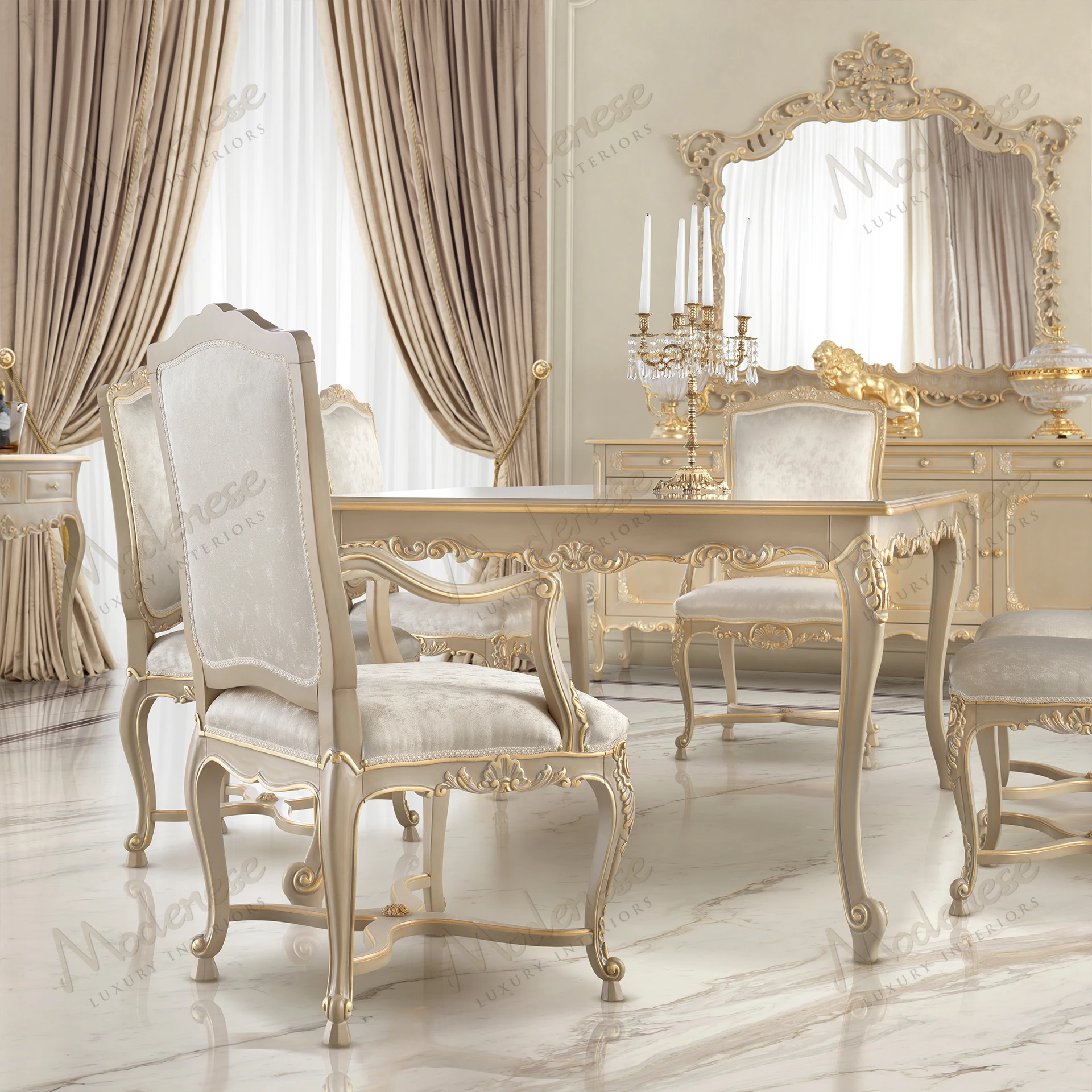 Elegant Harmony Chair with armrests, wooden structure, taupe lacquer finish, gold leaf accents, light grey fabric. Sophisticated design perfect for chic interiors