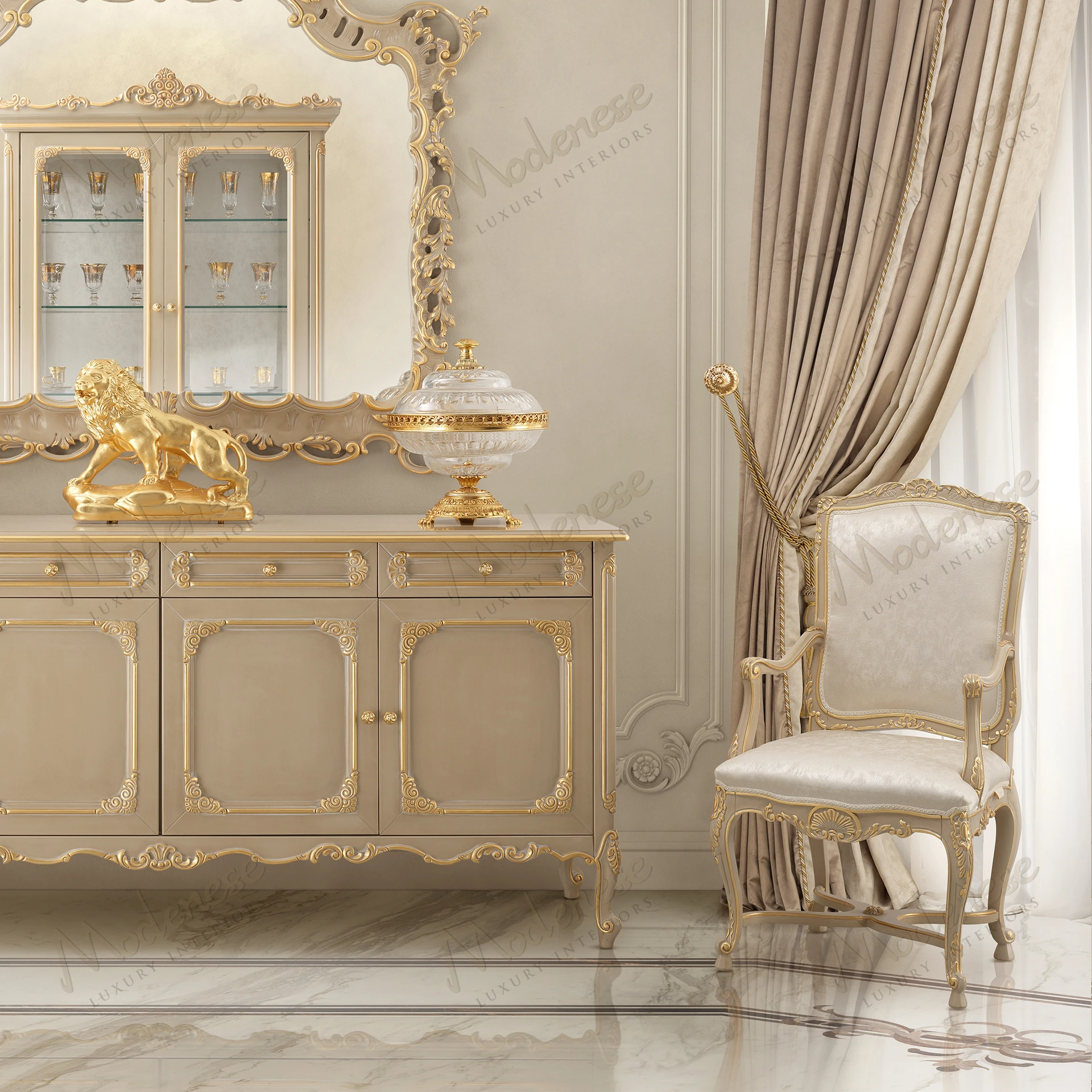 Taupe Harmony Chair with armrests, contemporary design, wood structure, upholstered in grey fabric. Ideal for classic interiors, offering comfort and style