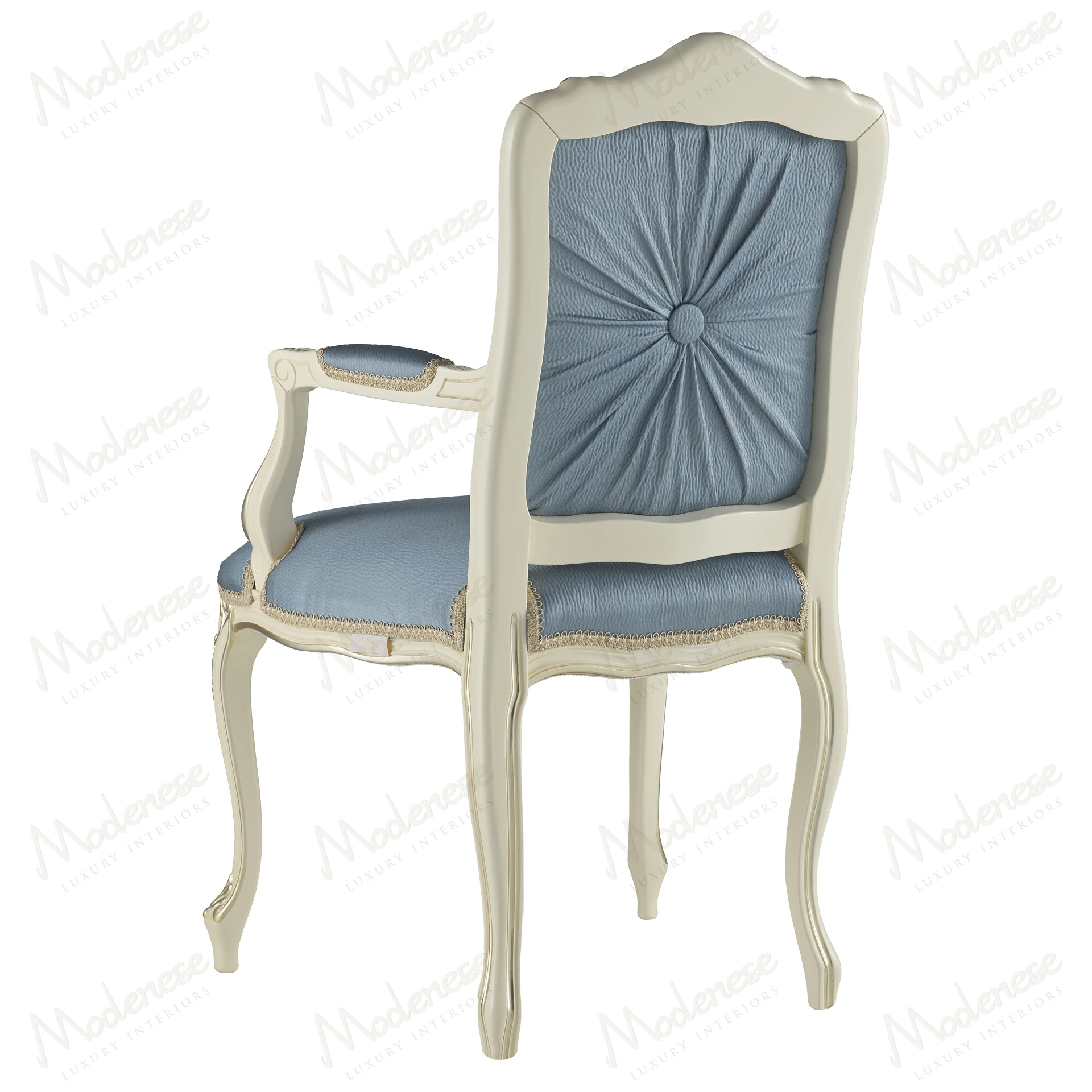 Elegant Horizon Chair with armrests, featuring a white lacquered finish and platinum leaf details. Stylish and sophisticated design for modern interiors