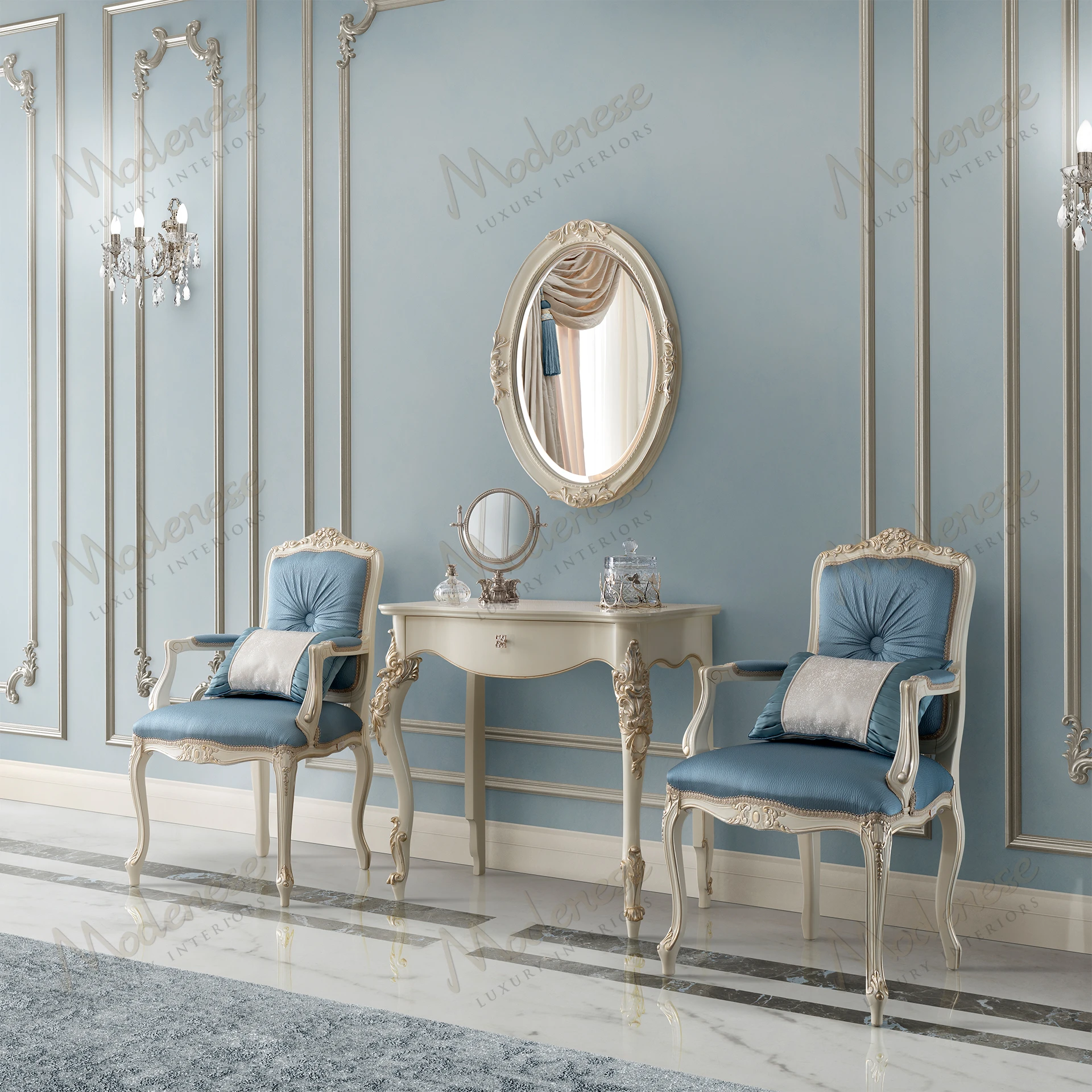 Light blue Horizon Chair with armrests, cozy plain fabric, central matching button detail, designed for comfort and style