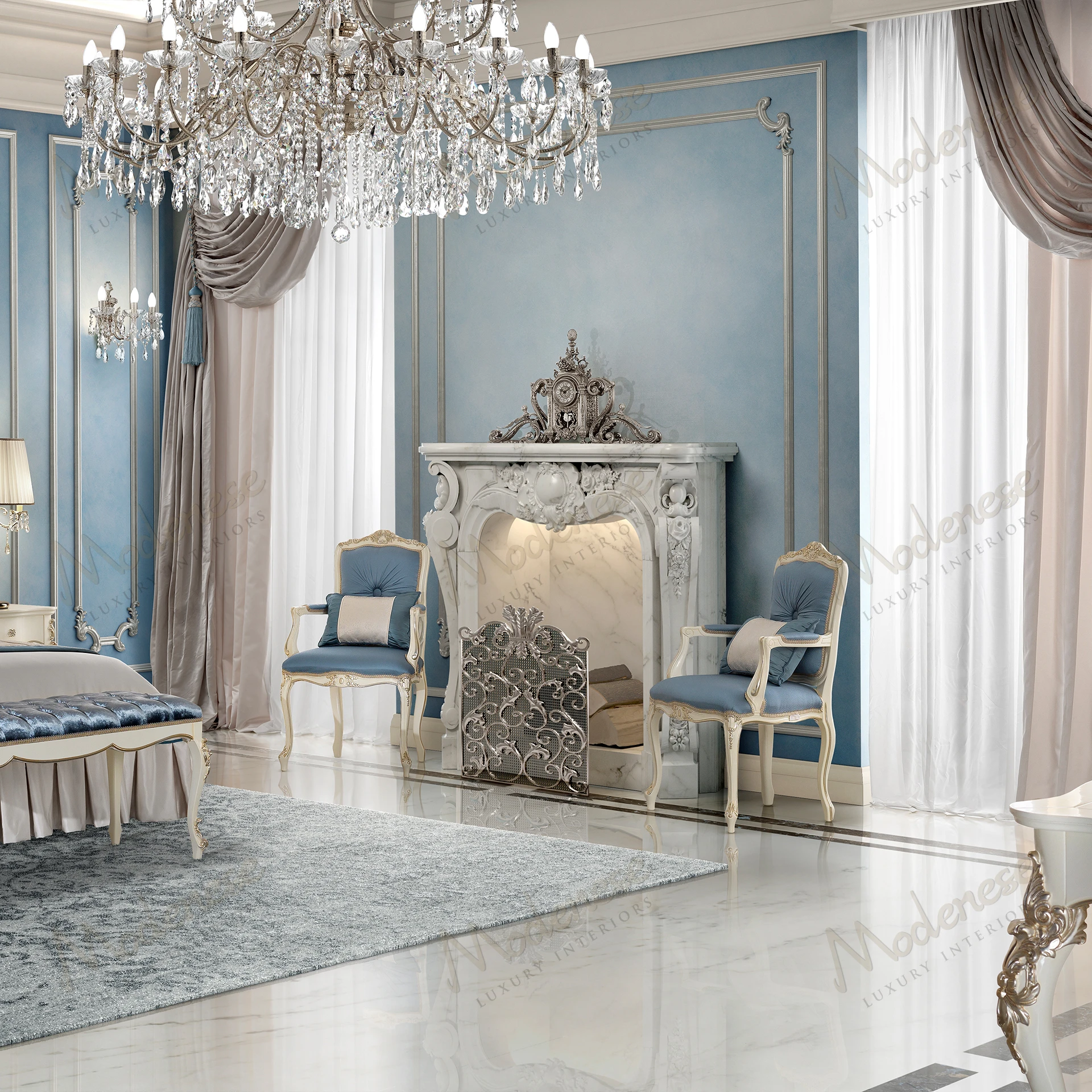 Elegant Horizon Chair with armrests, crafted from wood and fabric. Features white lacquered finish and platinum leaf details, offering a sleek and modern design