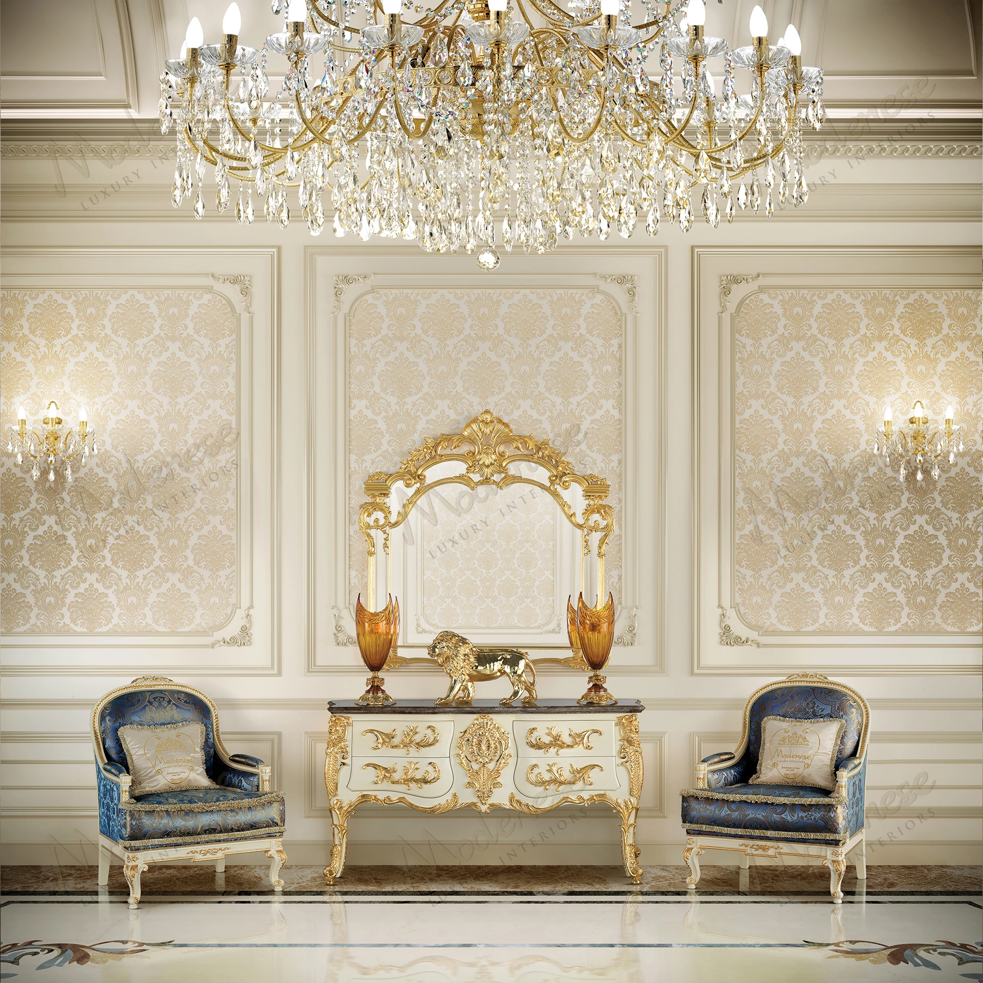 Elegant Midnight Moon Sideboard with a white lacquered finish and gold leaf details, showcasing a sophisticated design