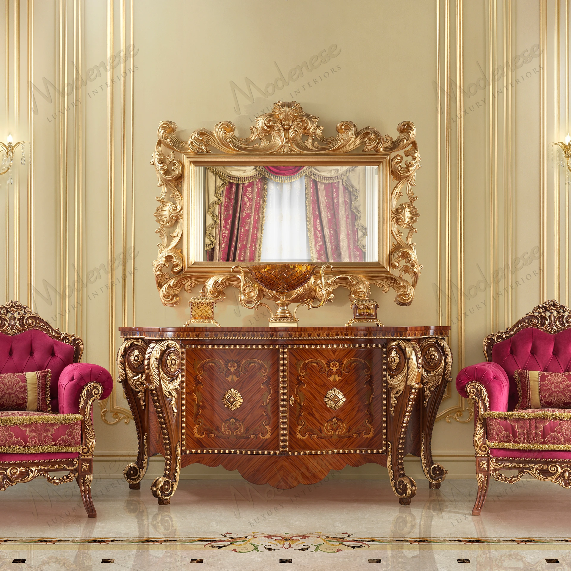 Elegant Rubino Delight Sideboard with a classic walnut finish, gold leaf details, and intricate inlaid decorations, showcasing a refined and stylish design