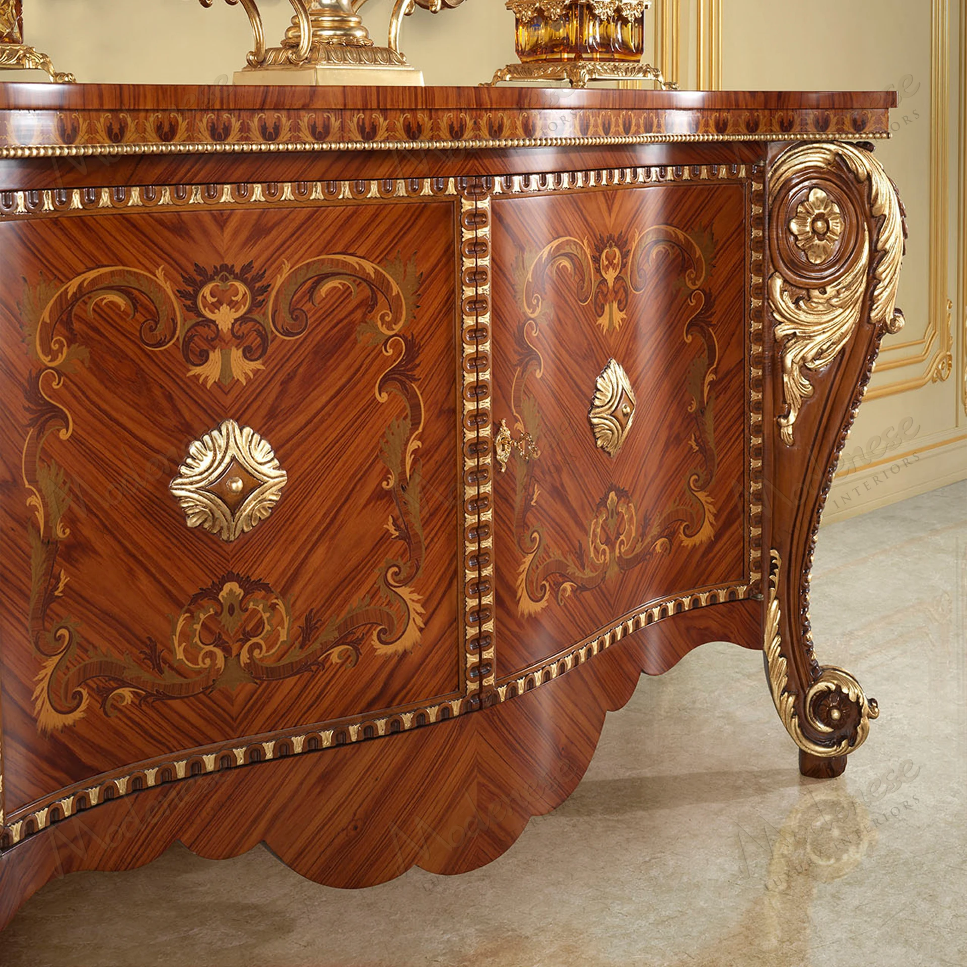 Wooden Rubino Delight Sideboard with a cozy, textured finish, featuring three drawers and two cabinets for ample storage. Perfect for elegant home decor