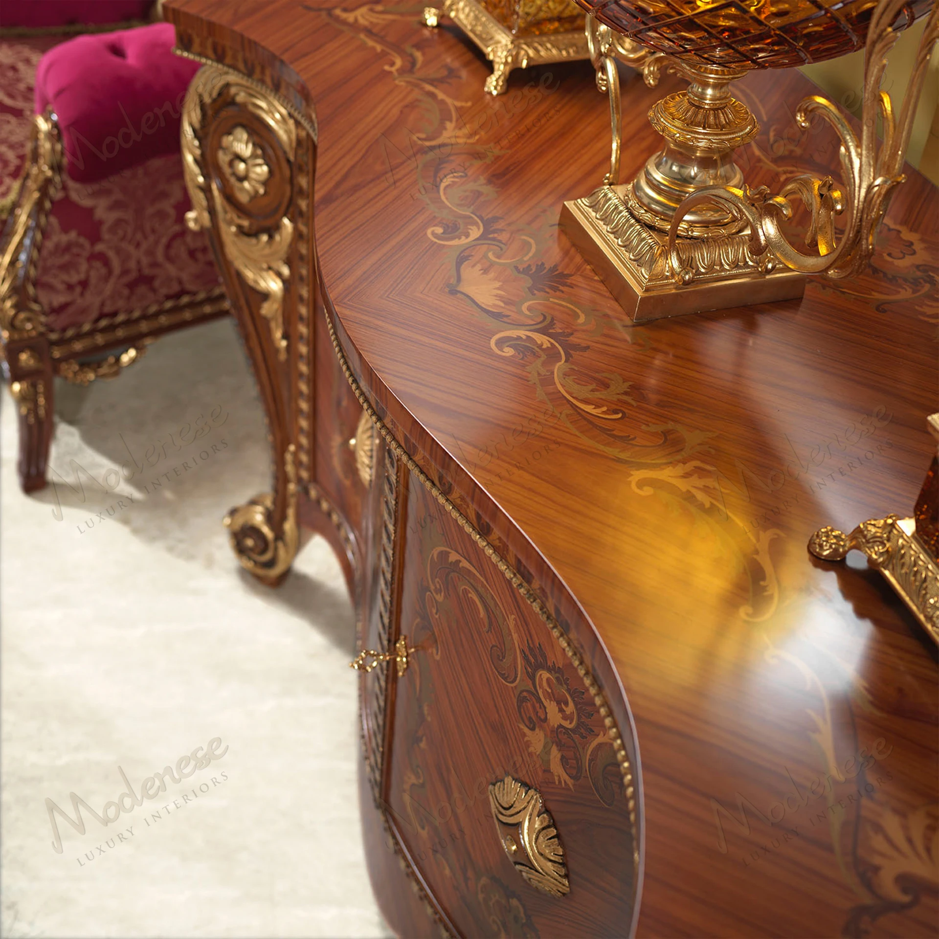 Rubino Delight Sideboard: Wood structure, wooden top, classic walnut finish, gold leaf details, inlaid decorations. Sleek aesthetic. Classic and elegant design