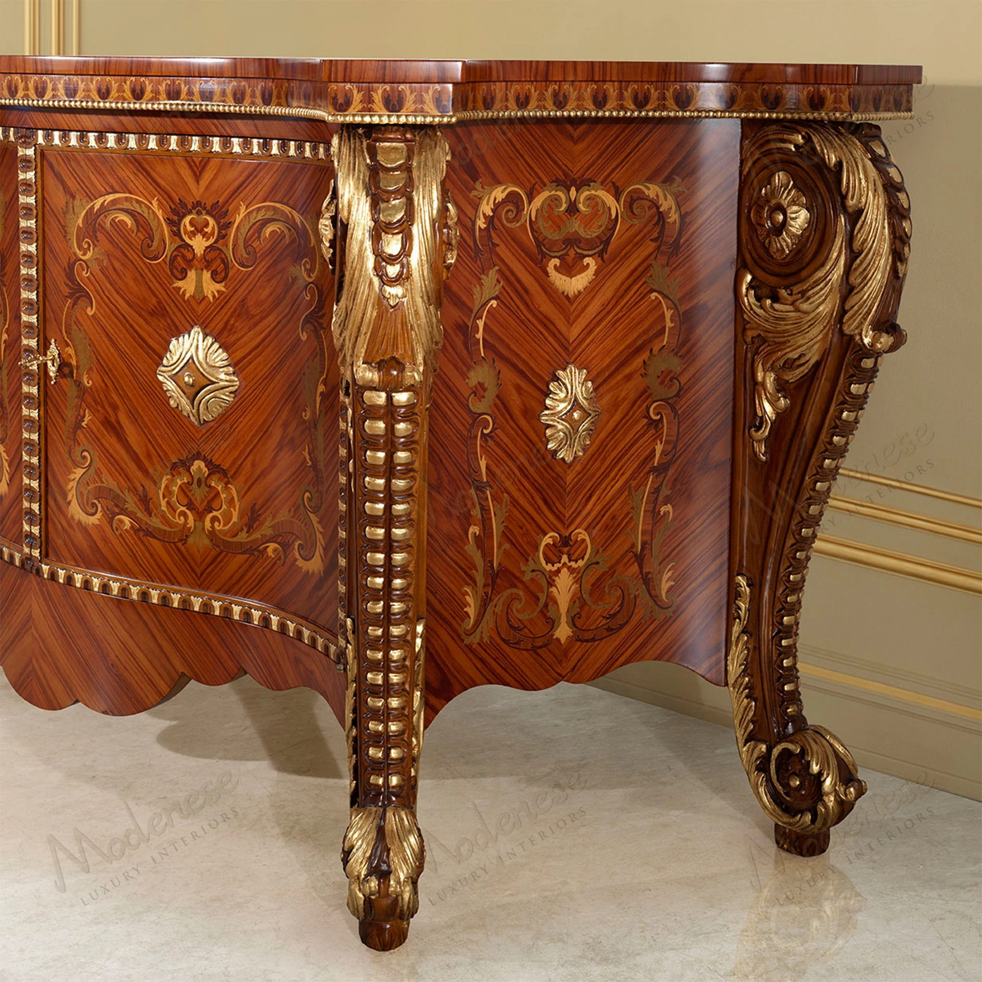 Elegant Rubino Delight Sideboard with classic walnut finish, gold leaf details, inlaid decorations. Luxurious design with no fabric
