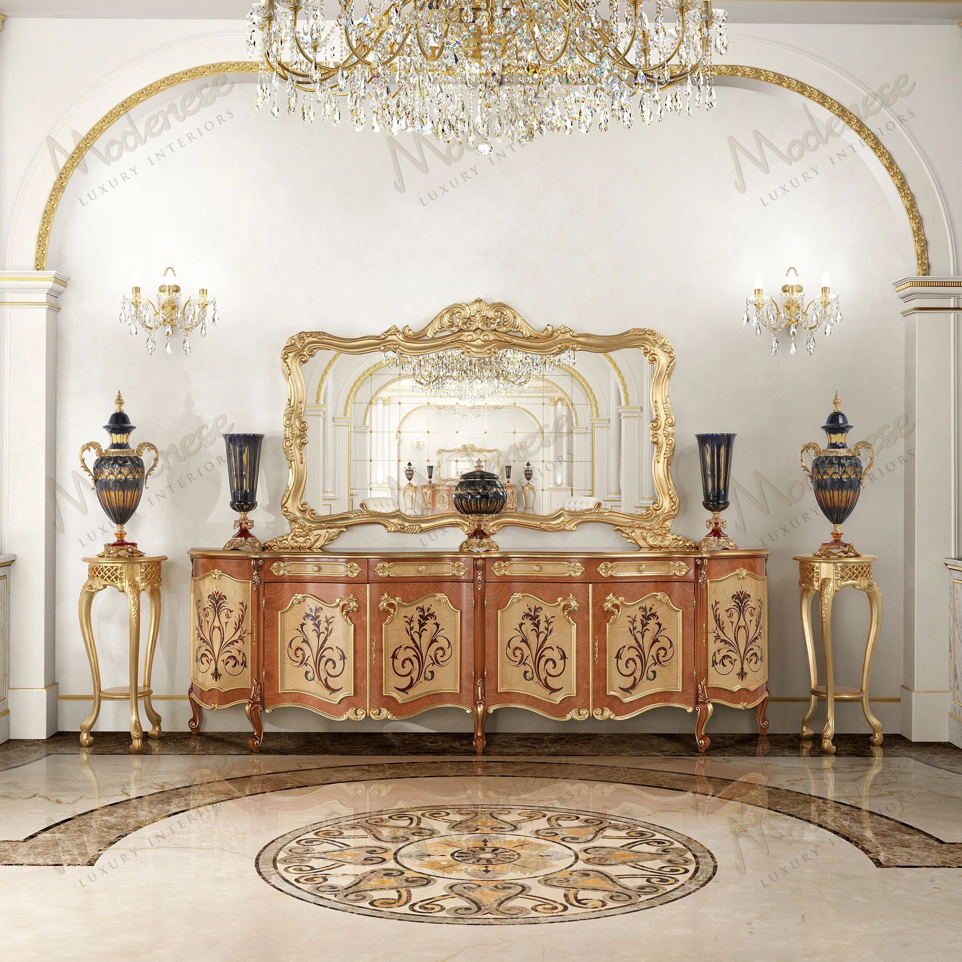 Elegant Royal Blend Sideboard featuring two-toned wood, intricate inlaid decorations, and gold leaf details for a luxurious finish