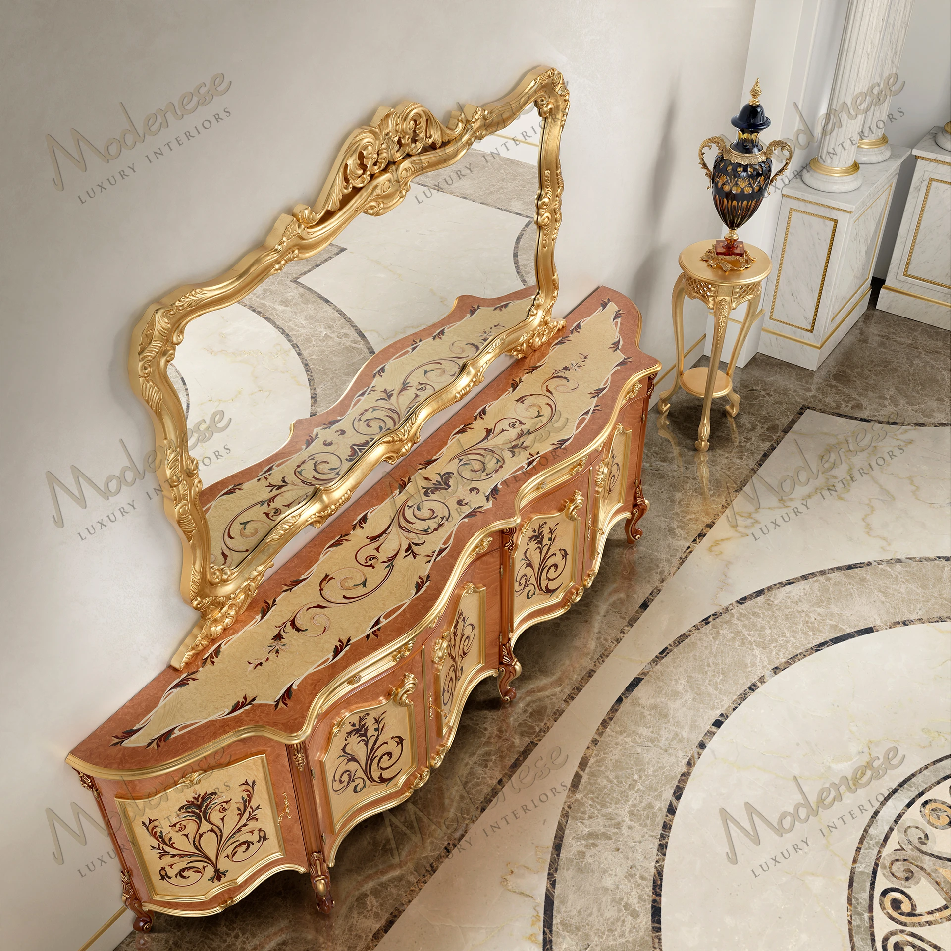 Sideboard with two-toned wood, inlaid decorations, and gold leaf details. Features a wooden top and sleek aesthetic. Crafted from quality materials