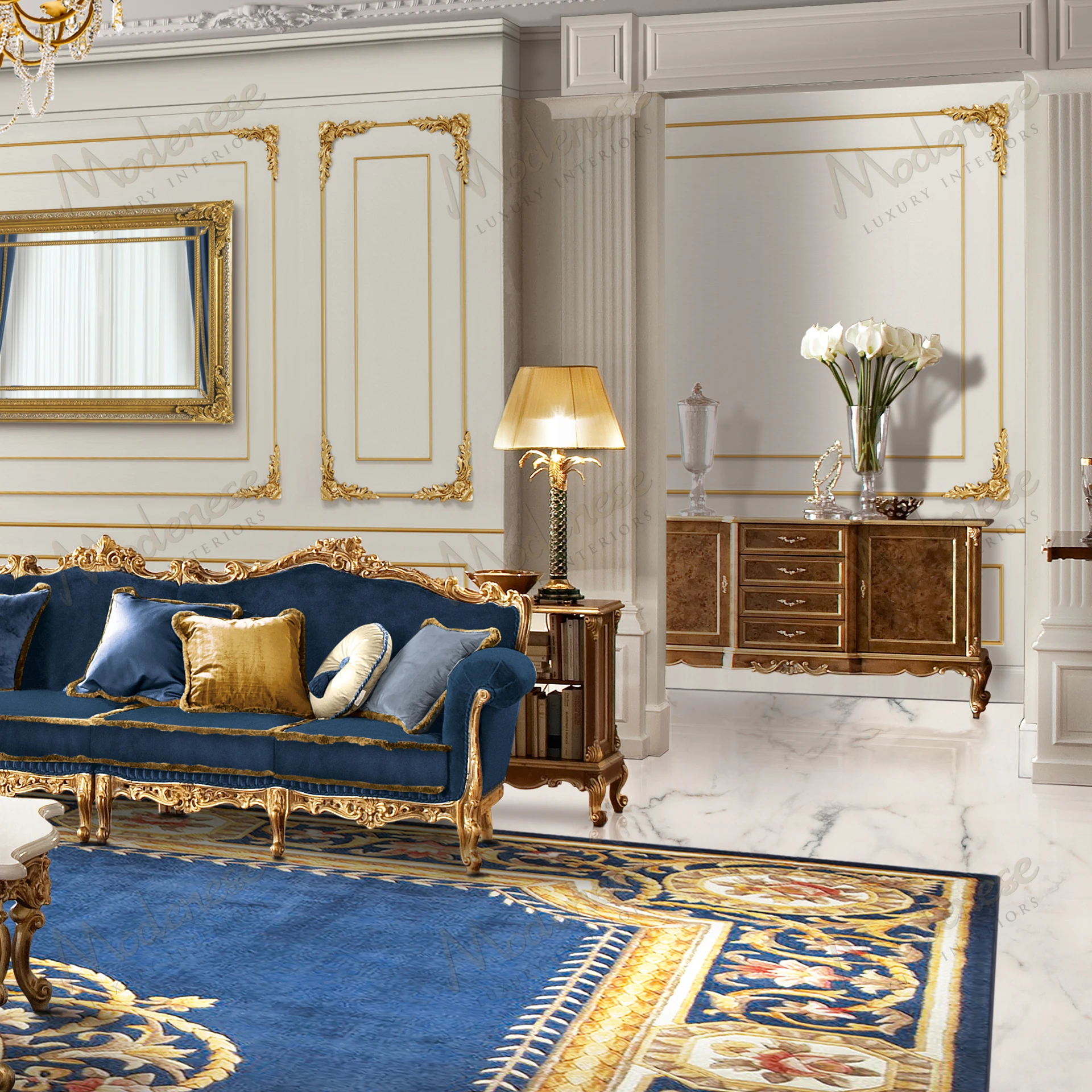 Elegant Eclipse Sideboard with Classic walnut finish, gold leaf accents, and radica version. Accessible luxury in a sophisticated, timeless design