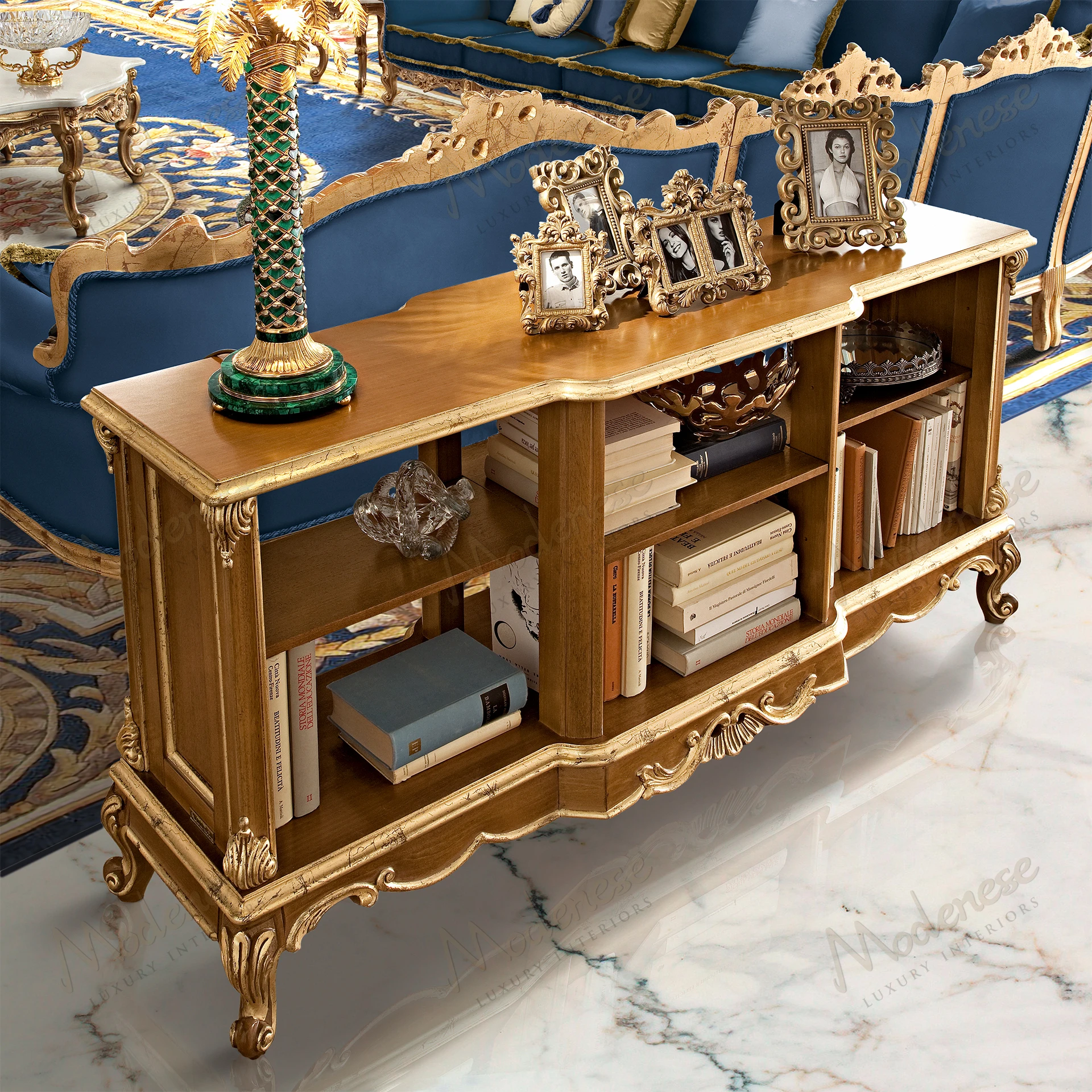 Double-sided Etagère with classic walnut finish and gold leaf accents. Elegant design with open shelves for display