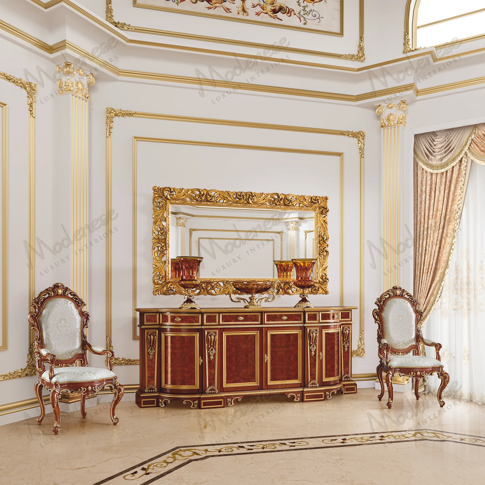 Elegant Carved Symmetry Sideboard with Classic walnut finish, gold leaf accents, and radica version finish, displaying sophisticated design and craftsmanship