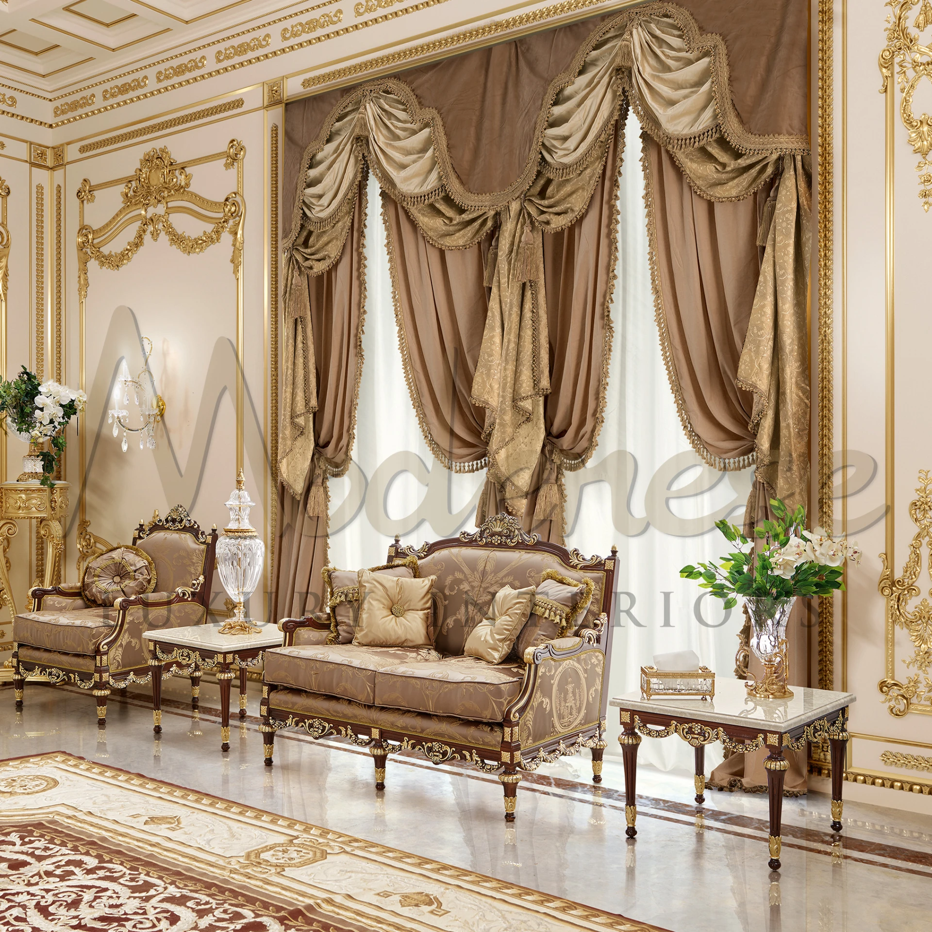 Luxurious Italian-designed side table in warm walnut finish, featuring exquisite gold leaf carving for opulent home decor.